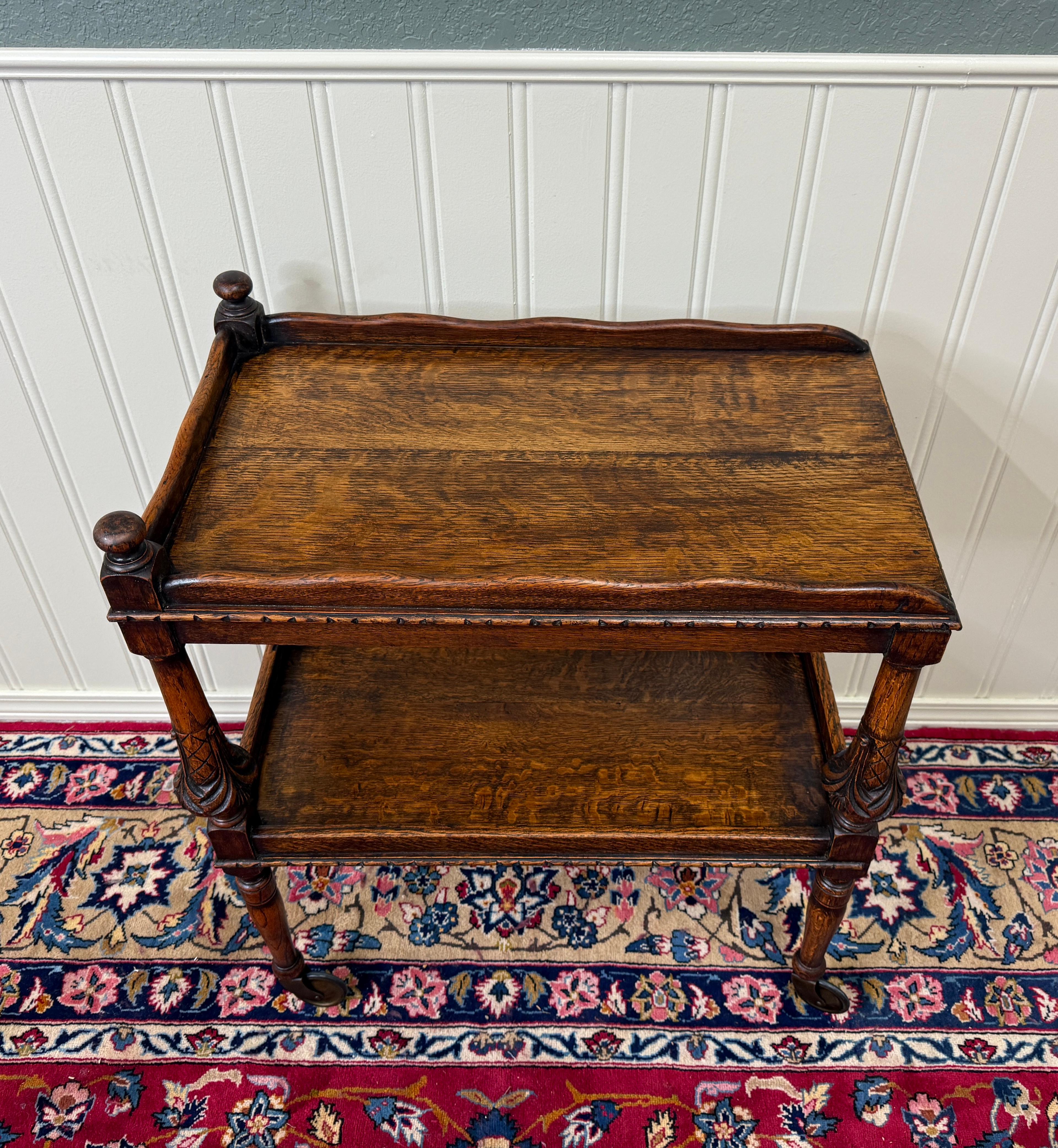 Antique English Trolley Tea Cart Pastry Cocktail Bar Cart Tray Tudor Oak 1930s For Sale 5