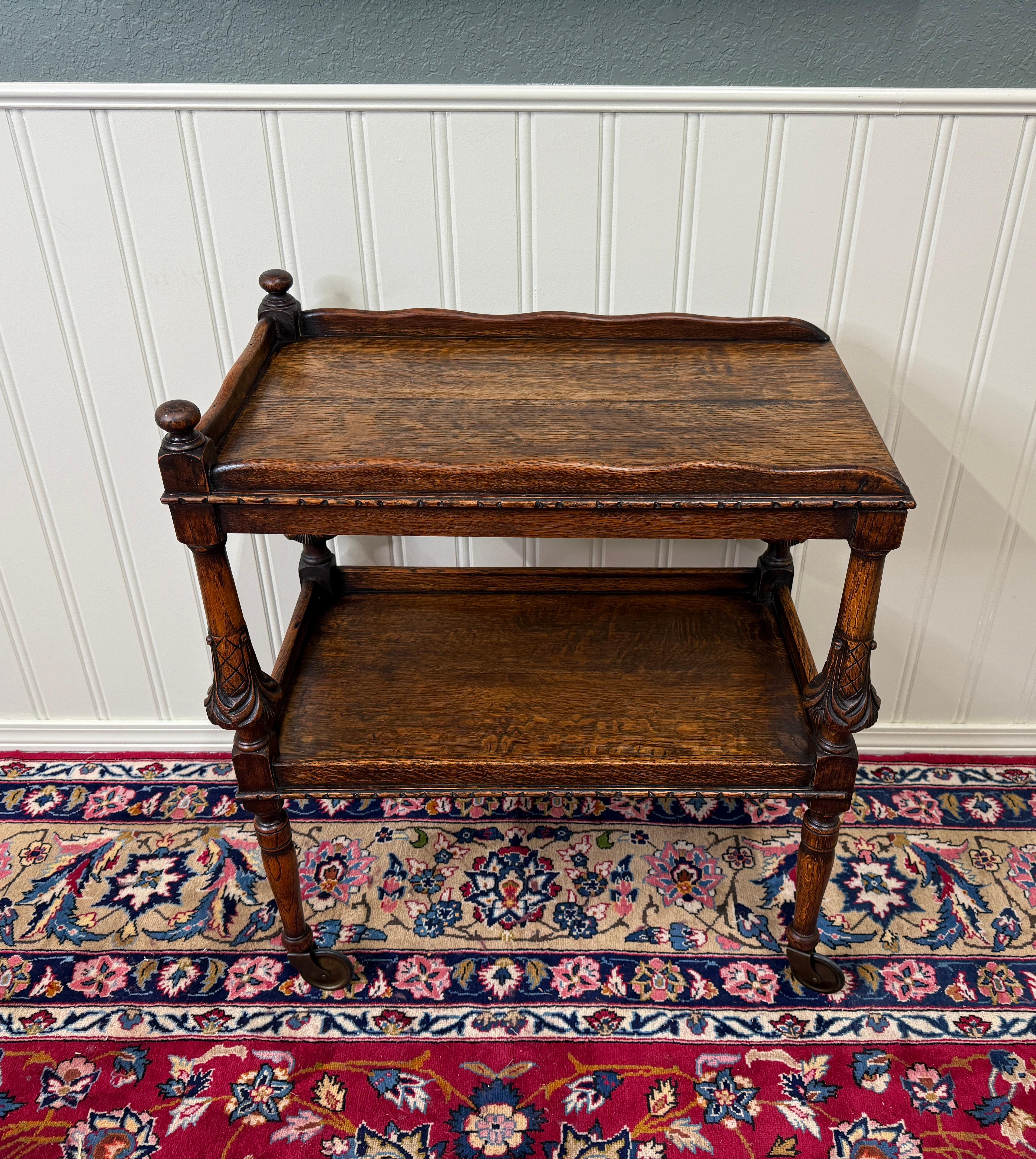 Antique English Trolley Tea Cart Pastry Cocktail Bar Cart Tray Tudor Oak 1930s For Sale 6