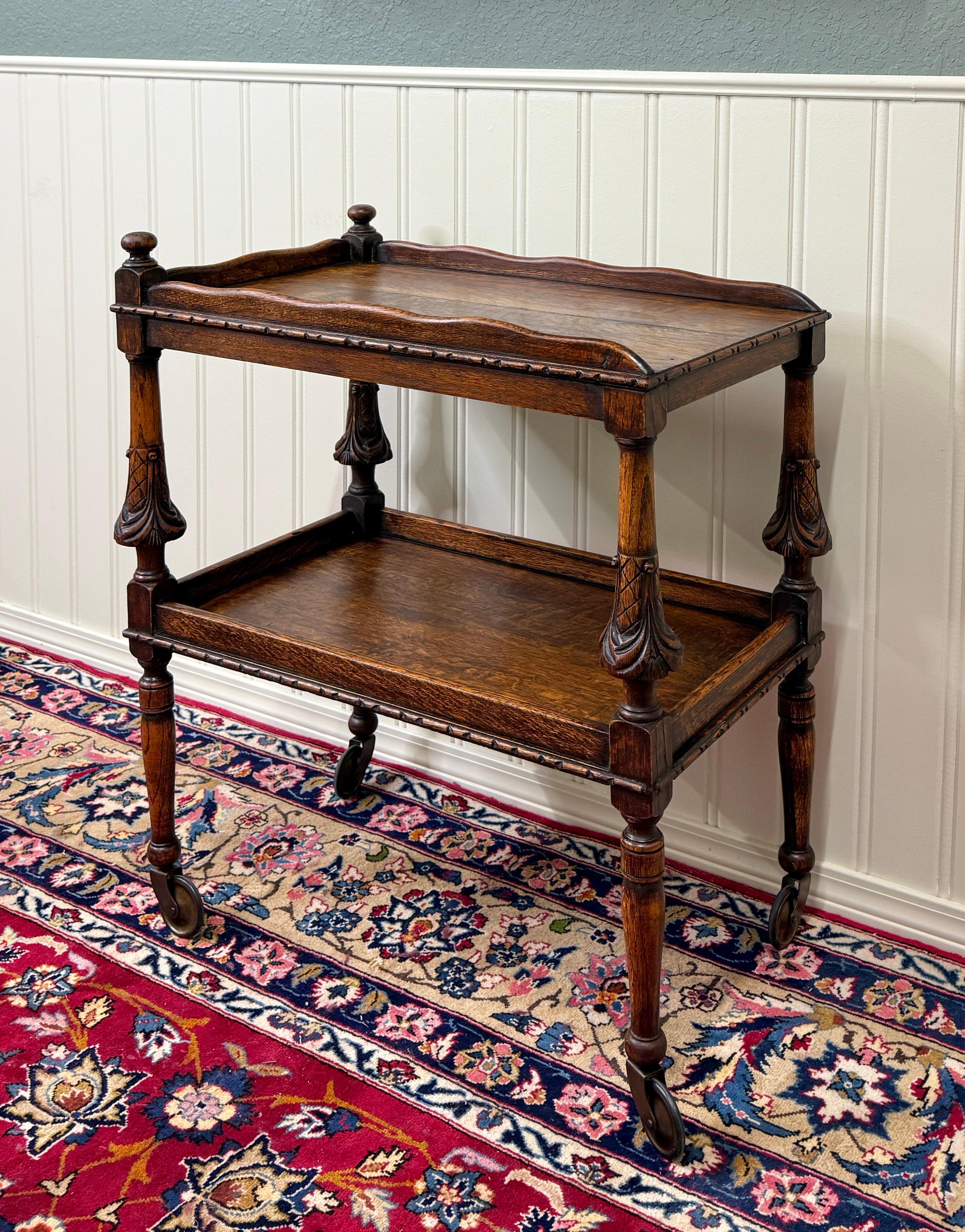 Antique English Trolley Tea Cart Pastry Cocktail Bar Cart Tray Tudor Oak 1930s For Sale 7