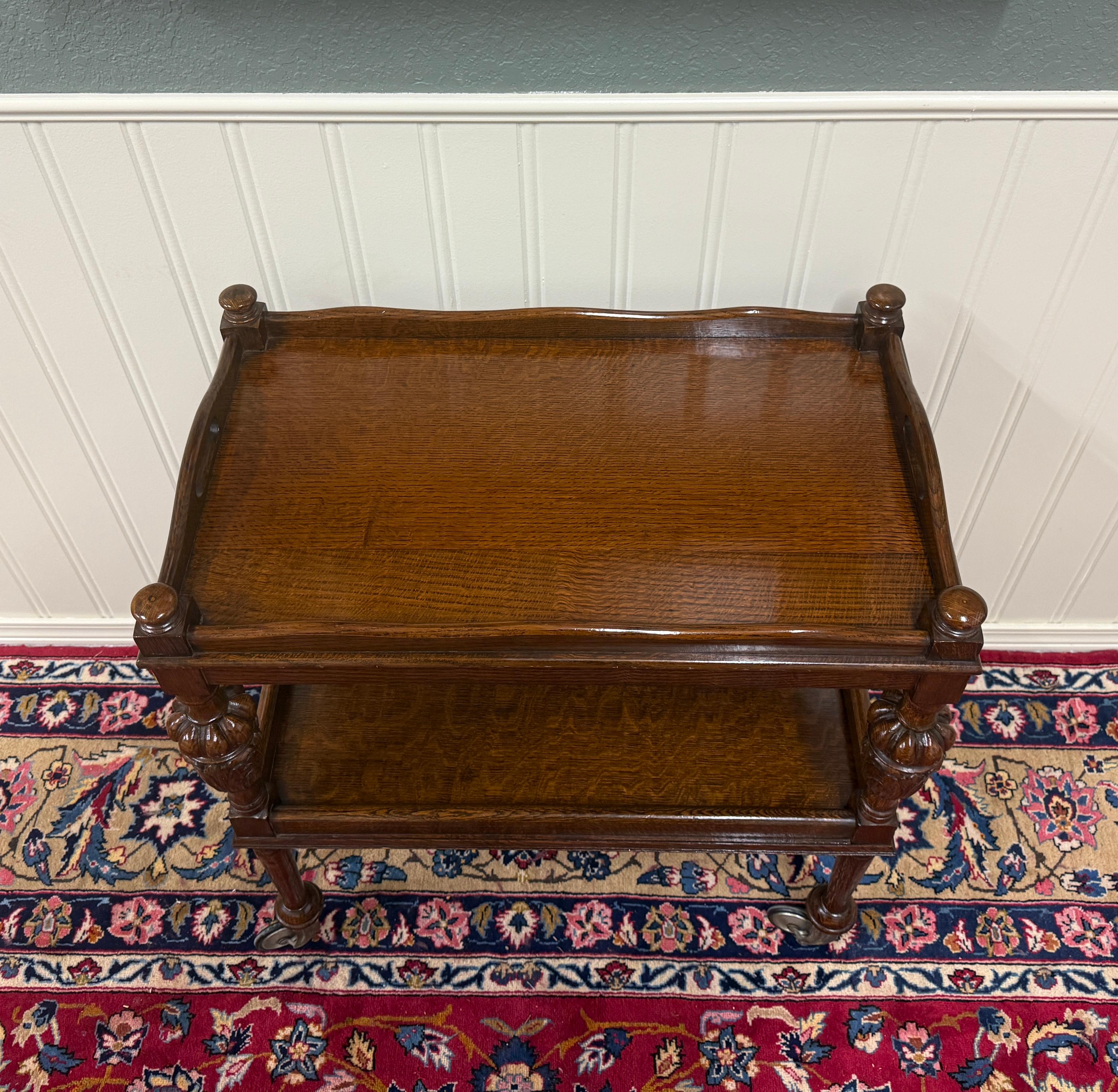 Antique English Trolley Tea Cart Pastry Cocktail Bar Cart Tray Tudor Oak 1930s For Sale 7