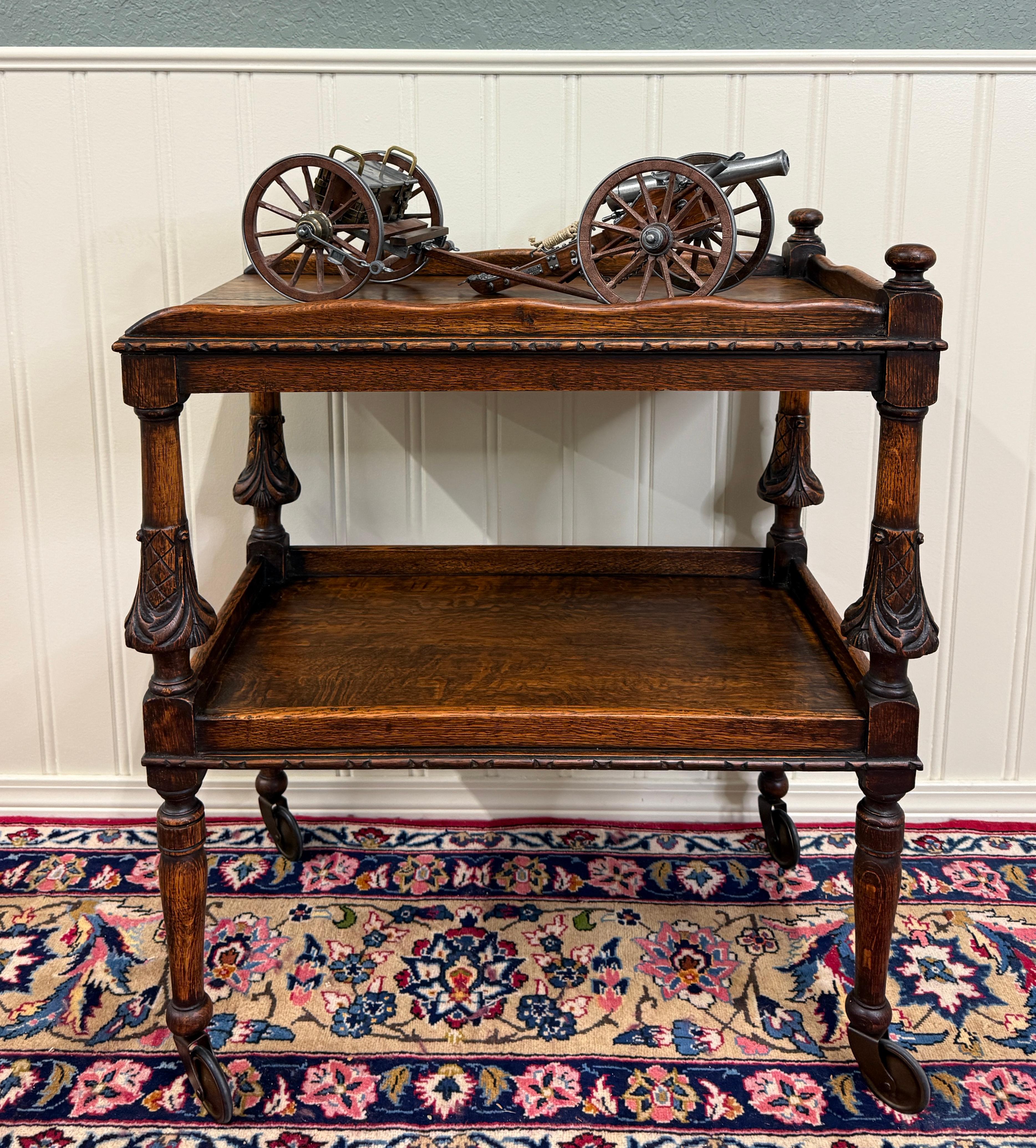 Antique English Trolley Tea Cart Pastry Cocktail Bar Cart Tray Tudor Oak 1930s For Sale 8