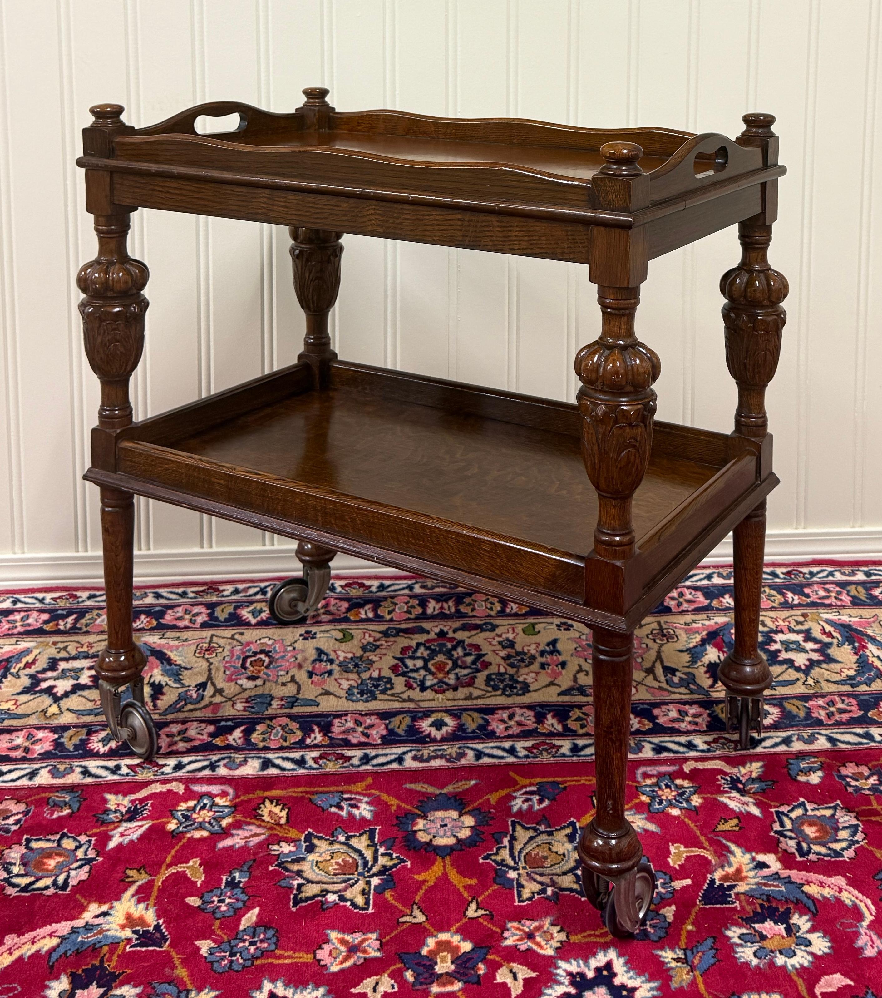 Antique English Trolley Tea Cart Pastry Cocktail Bar Cart Tray Tudor Oak 1930s For Sale 8