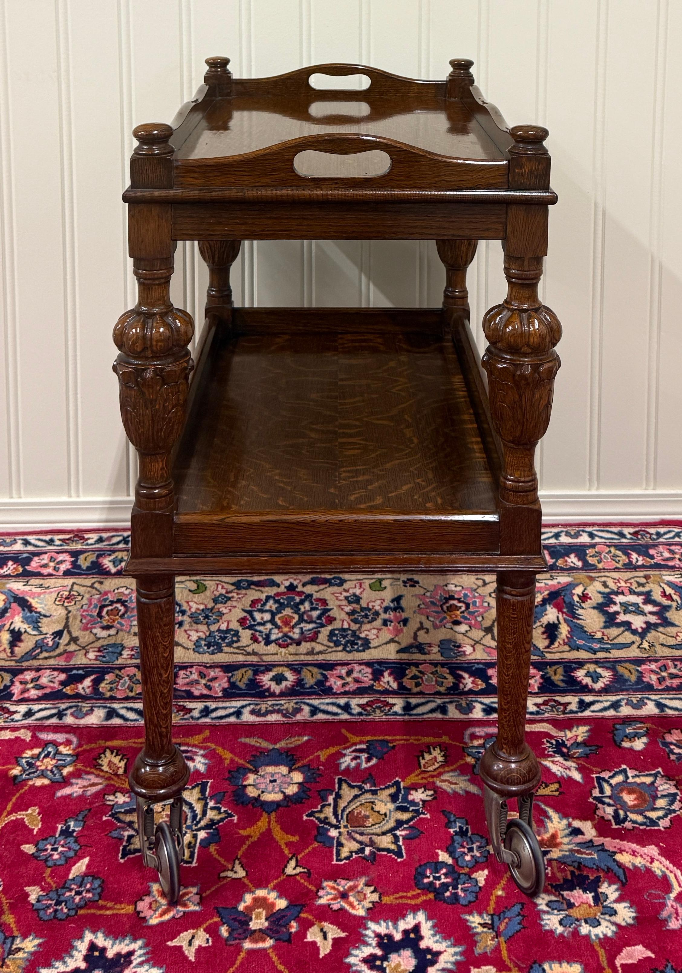 Antique English Trolley Tea Cart Pastry Cocktail Bar Cart Tray Tudor Oak 1930s For Sale 9