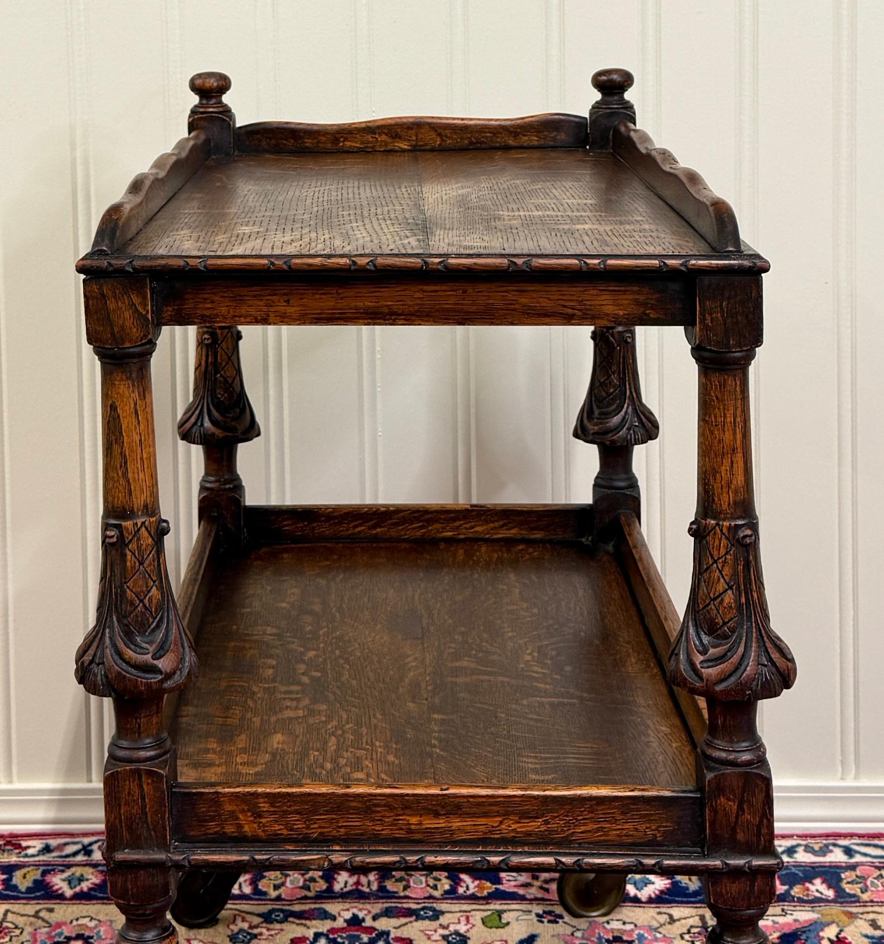 Antique English Trolley Tea Cart Pastry Cocktail Bar Cart Tray Tudor Oak 1930s For Sale 11