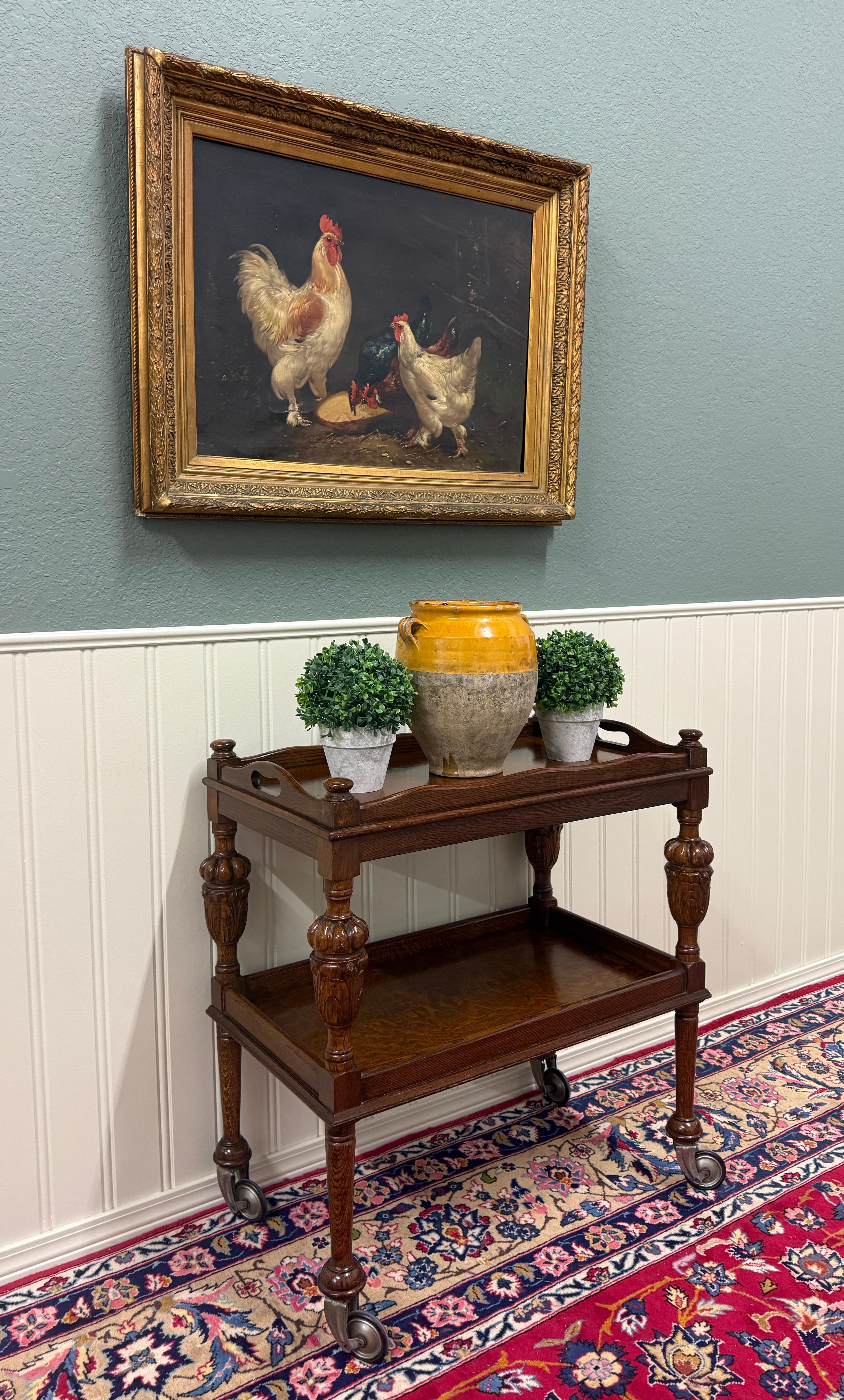 Antique English Trolley Tea Cart Pastry Cocktail Bar Cart Tray Tudor Oak 1930s For Sale 11
