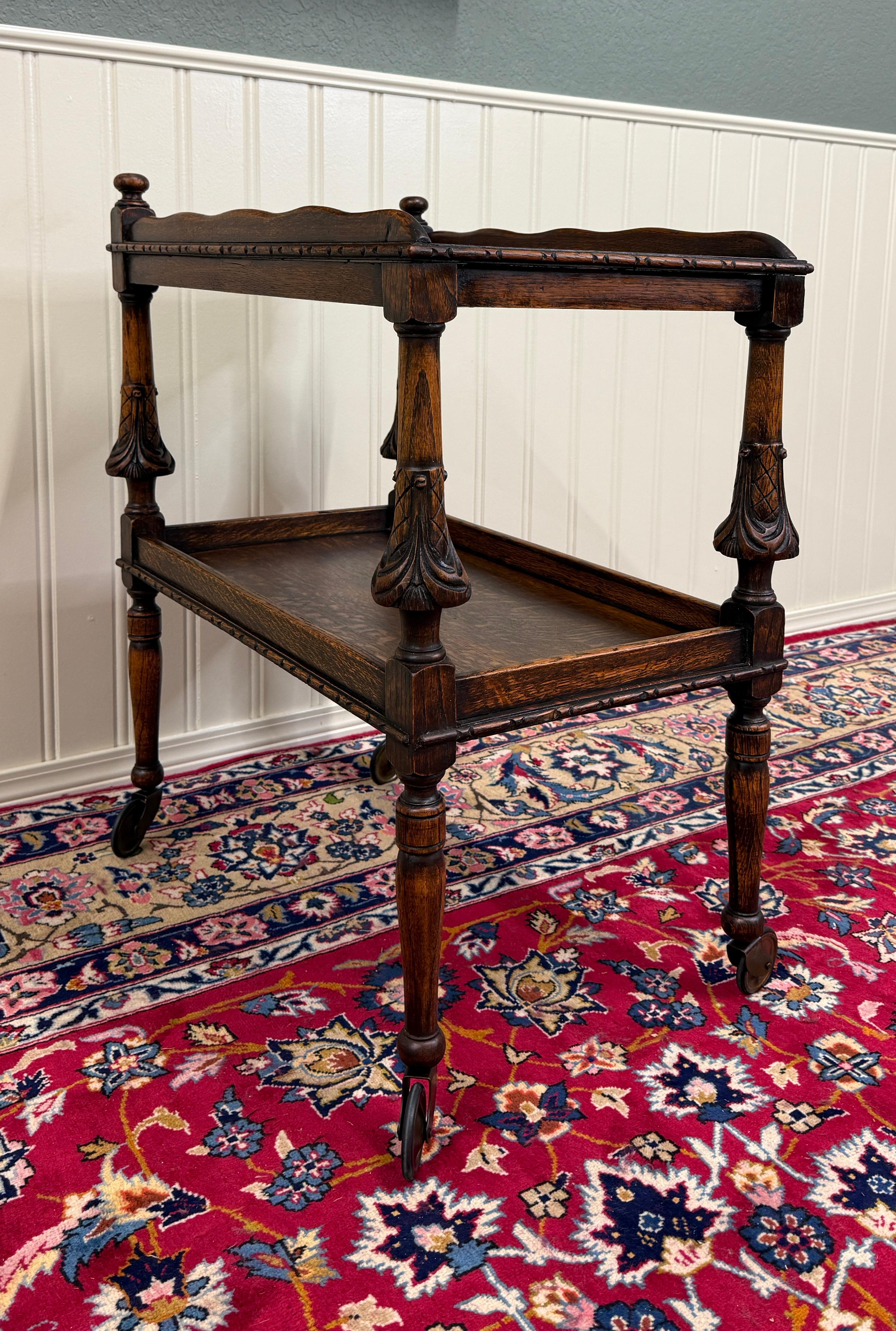Antique English Trolley Tea Cart Pastry Cocktail Bar Cart Tray Tudor Oak 1930s For Sale 12
