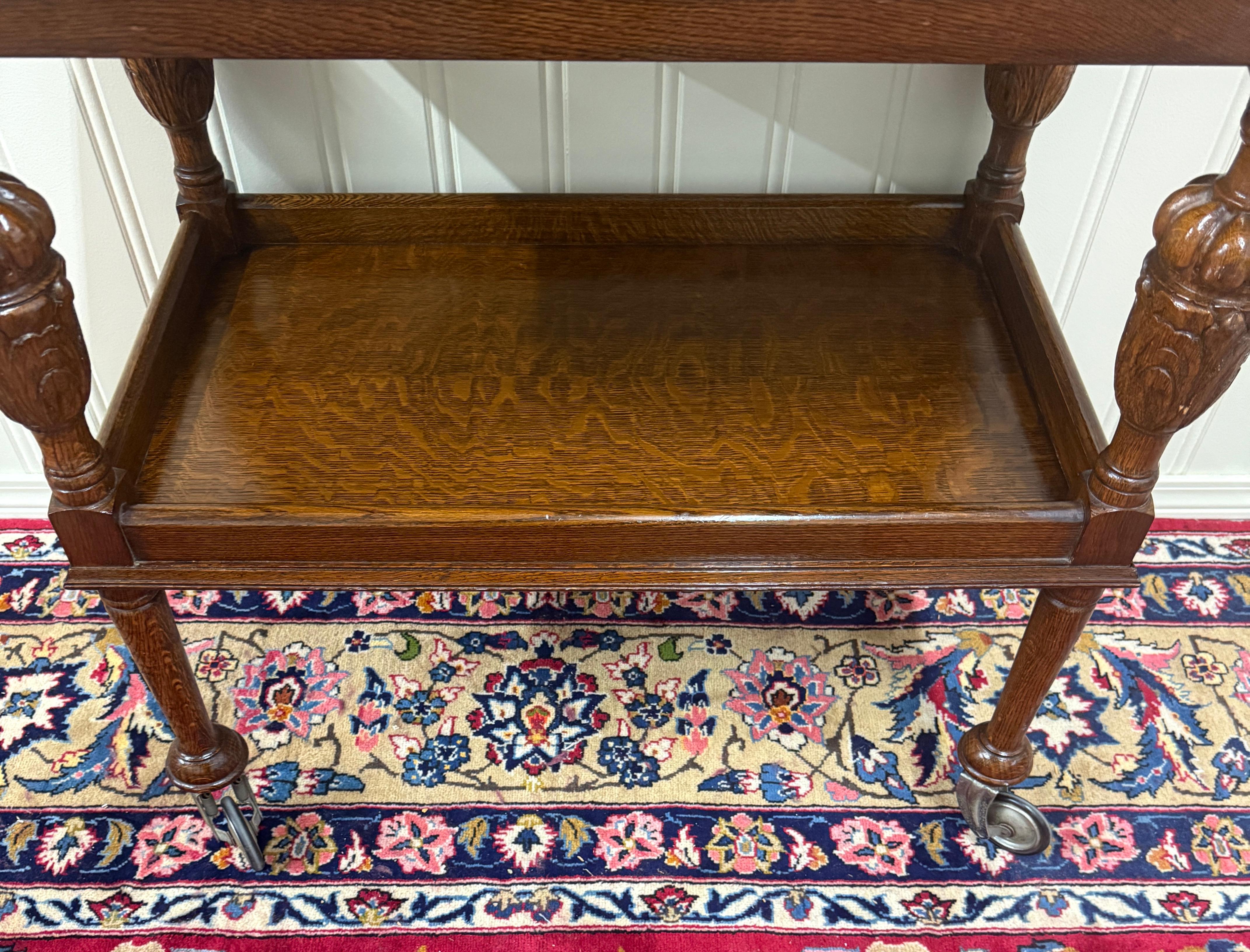 Antique English Trolley Tea Cart Pastry Cocktail Bar Cart Tray Tudor Oak 1930s For Sale 12