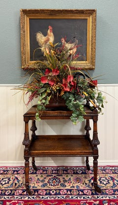 Antique English Trolley Tea Cart Pastry Cocktail Bar Cart Tray Tudor Oak 1930s