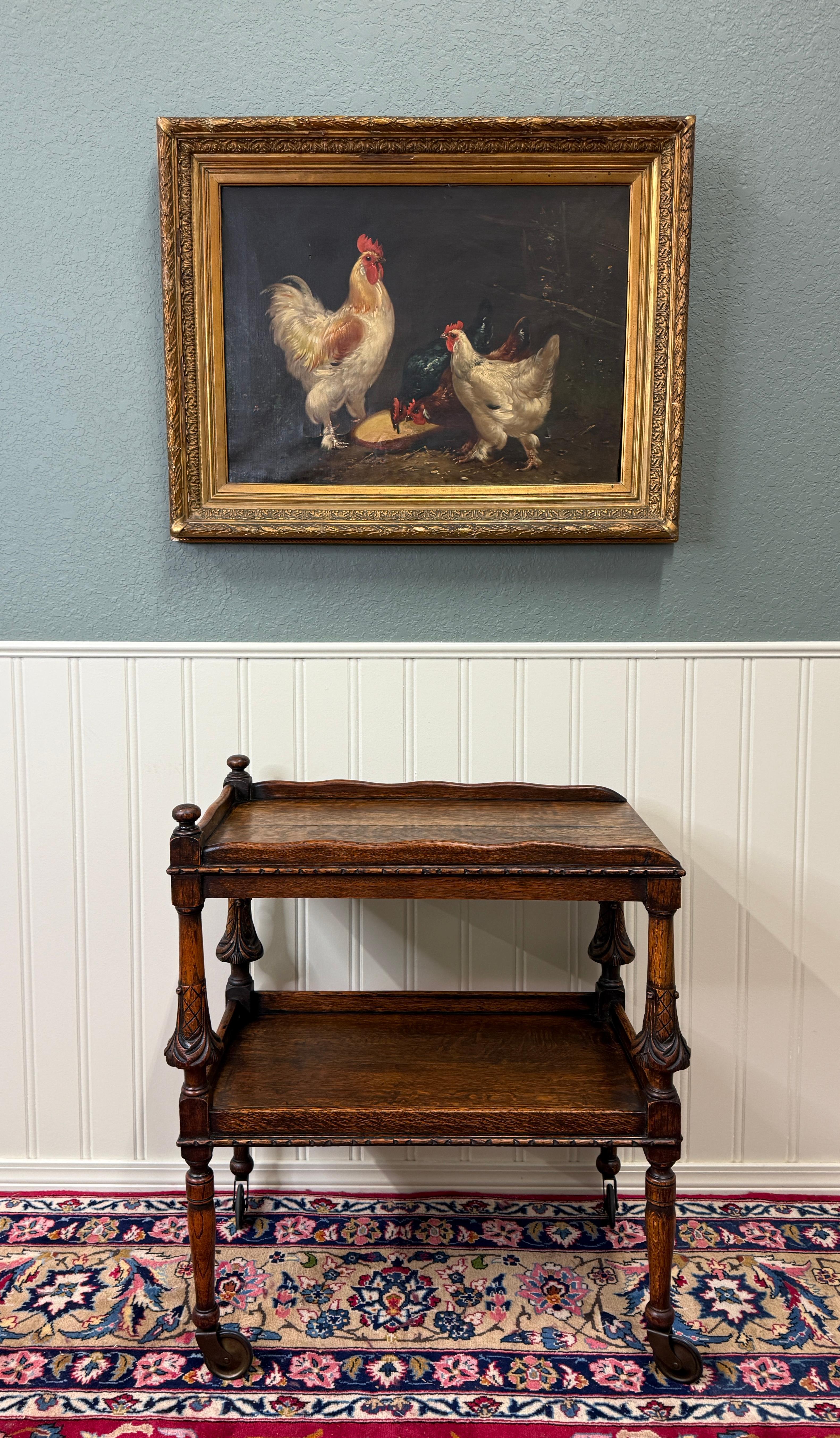 Carved Antique English Trolley Tea Cart Pastry Cocktail Bar Cart Tray Tudor Oak 1930s For Sale