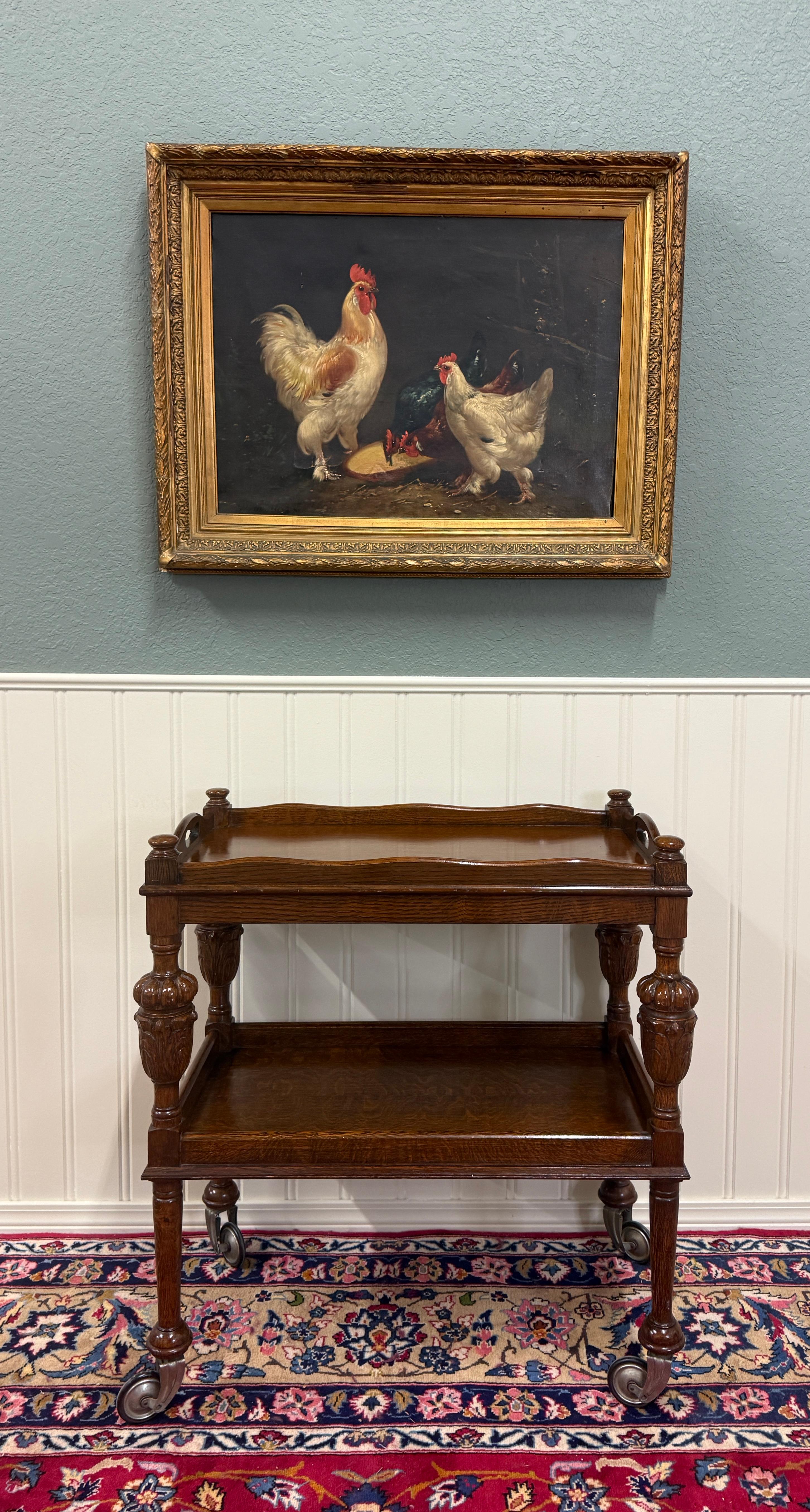 Carved Antique English Trolley Tea Cart Pastry Cocktail Bar Cart Tray Tudor Oak 1930s For Sale