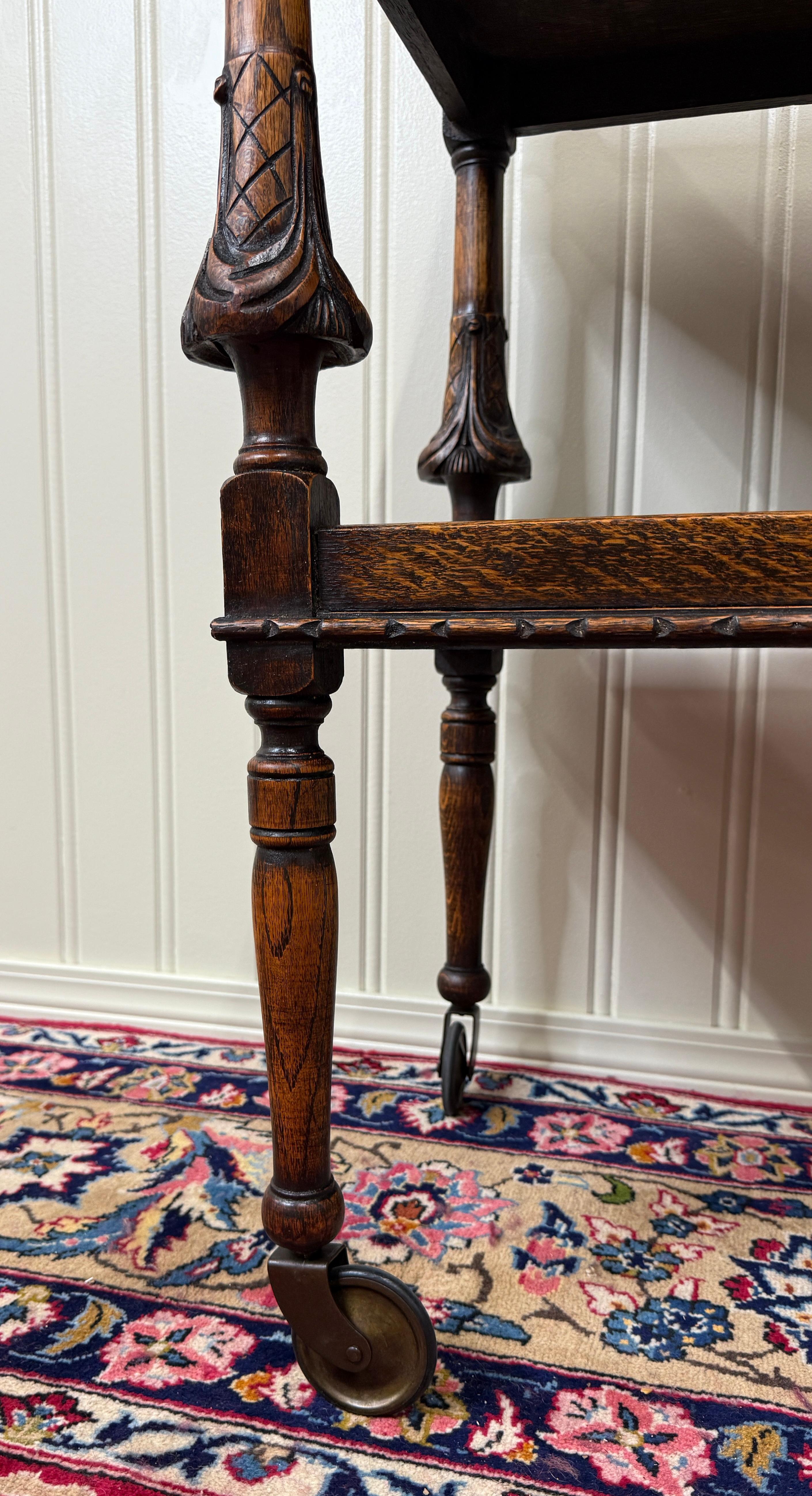 Antique English Trolley Tea Cart Pastry Cocktail Bar Cart Tray Tudor Oak 1930s For Sale 1