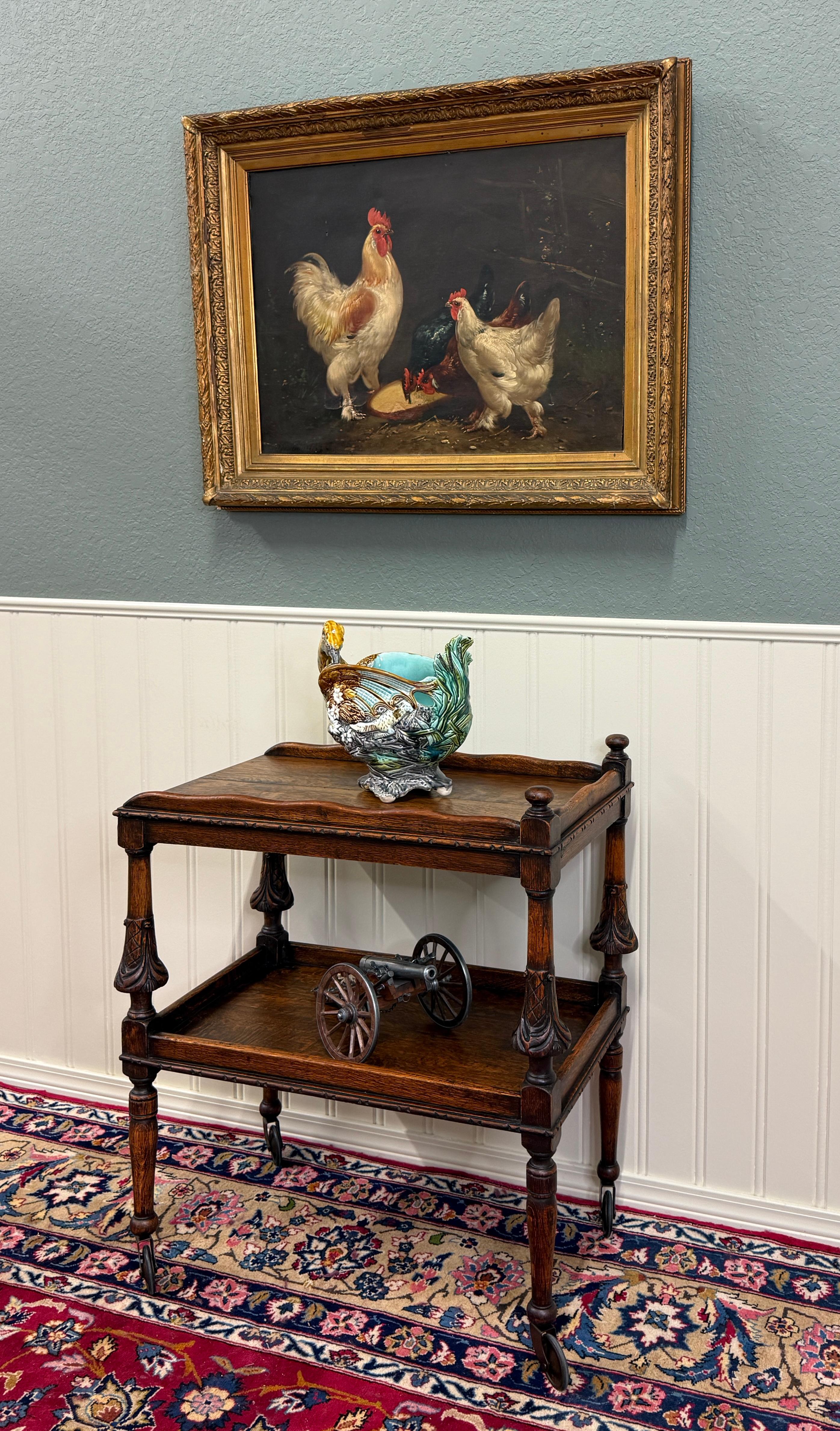 Antique English Trolley Tea Cart Pastry Cocktail Bar Cart Tray Tudor Oak 1930s For Sale 2