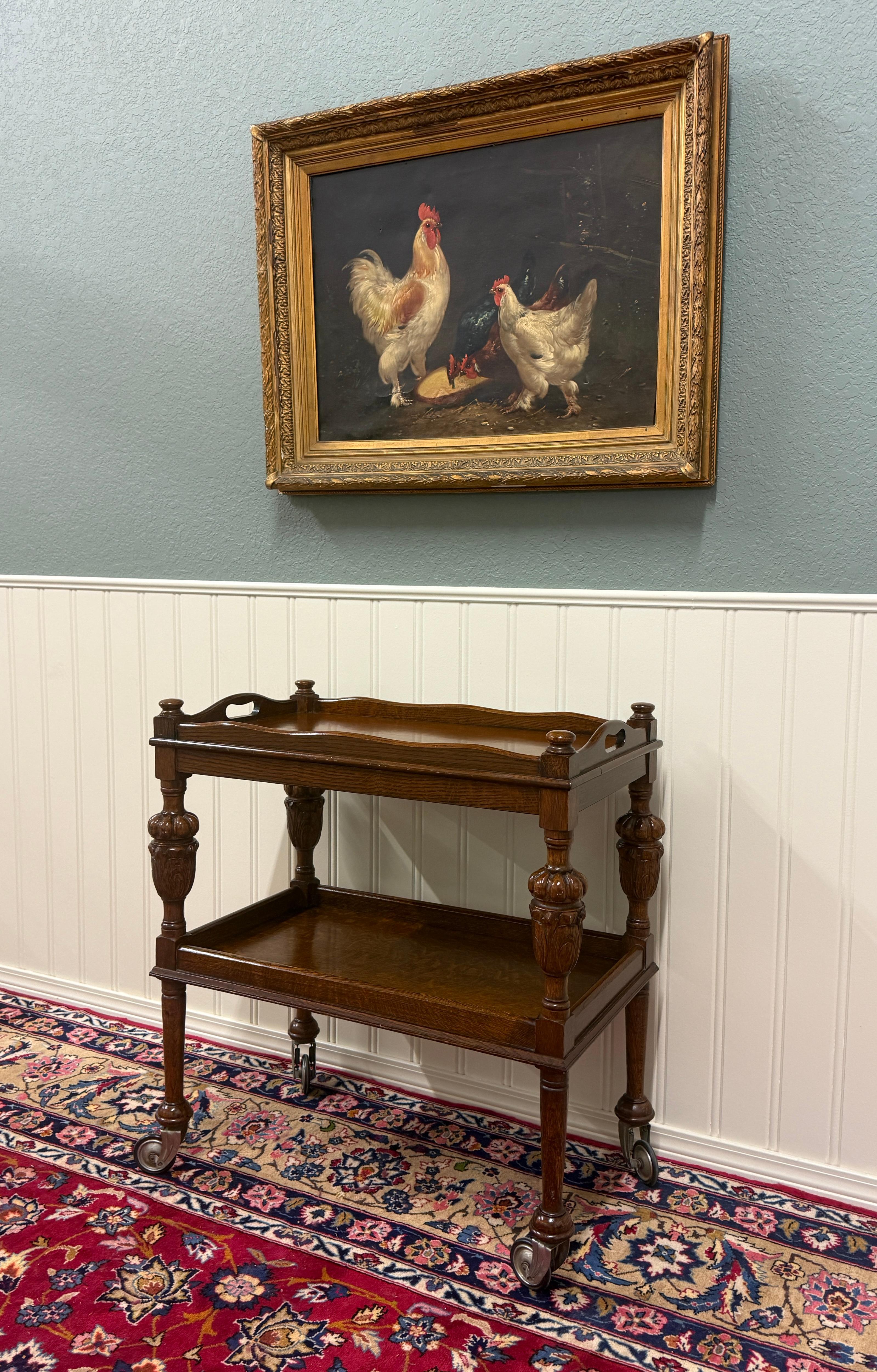 Antique English Trolley Tea Cart Pastry Cocktail Bar Cart Tray Tudor Oak 1930s For Sale 4