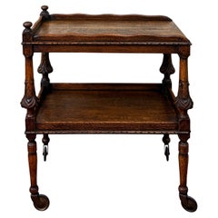 Antique English Trolley Tea Cart Pastry Cocktail Bar Cart Tray Tudor Oak 1930s