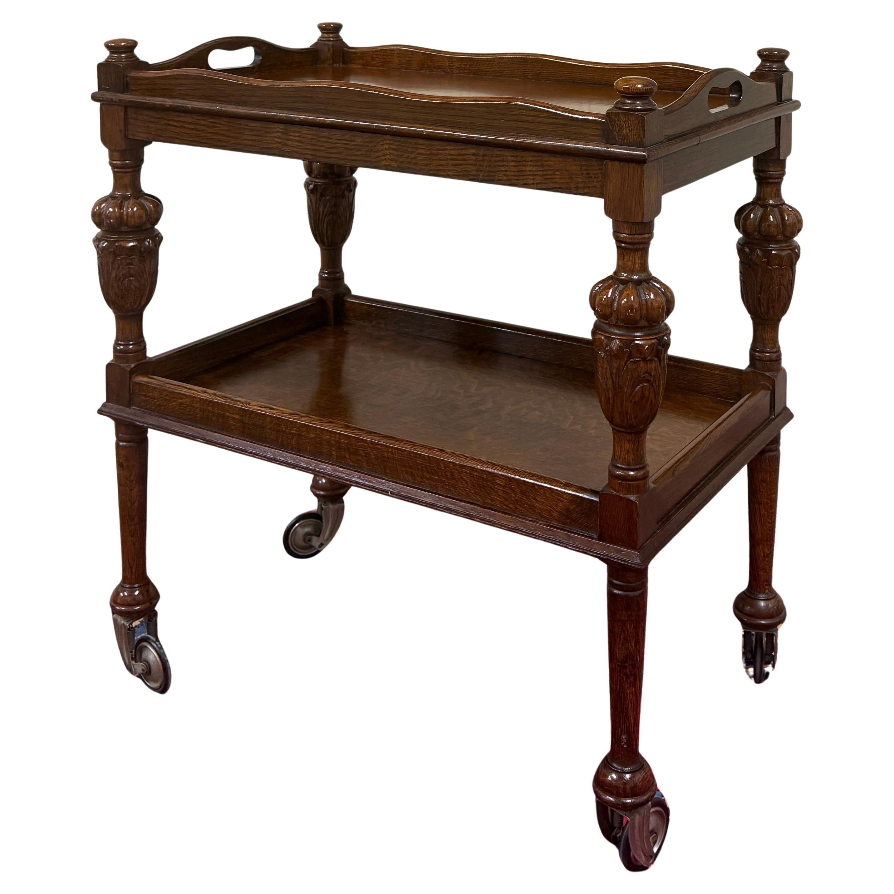 Antique English Trolley Tea Cart Pastry Cocktail Bar Cart Tray Tudor Oak 1930s For Sale