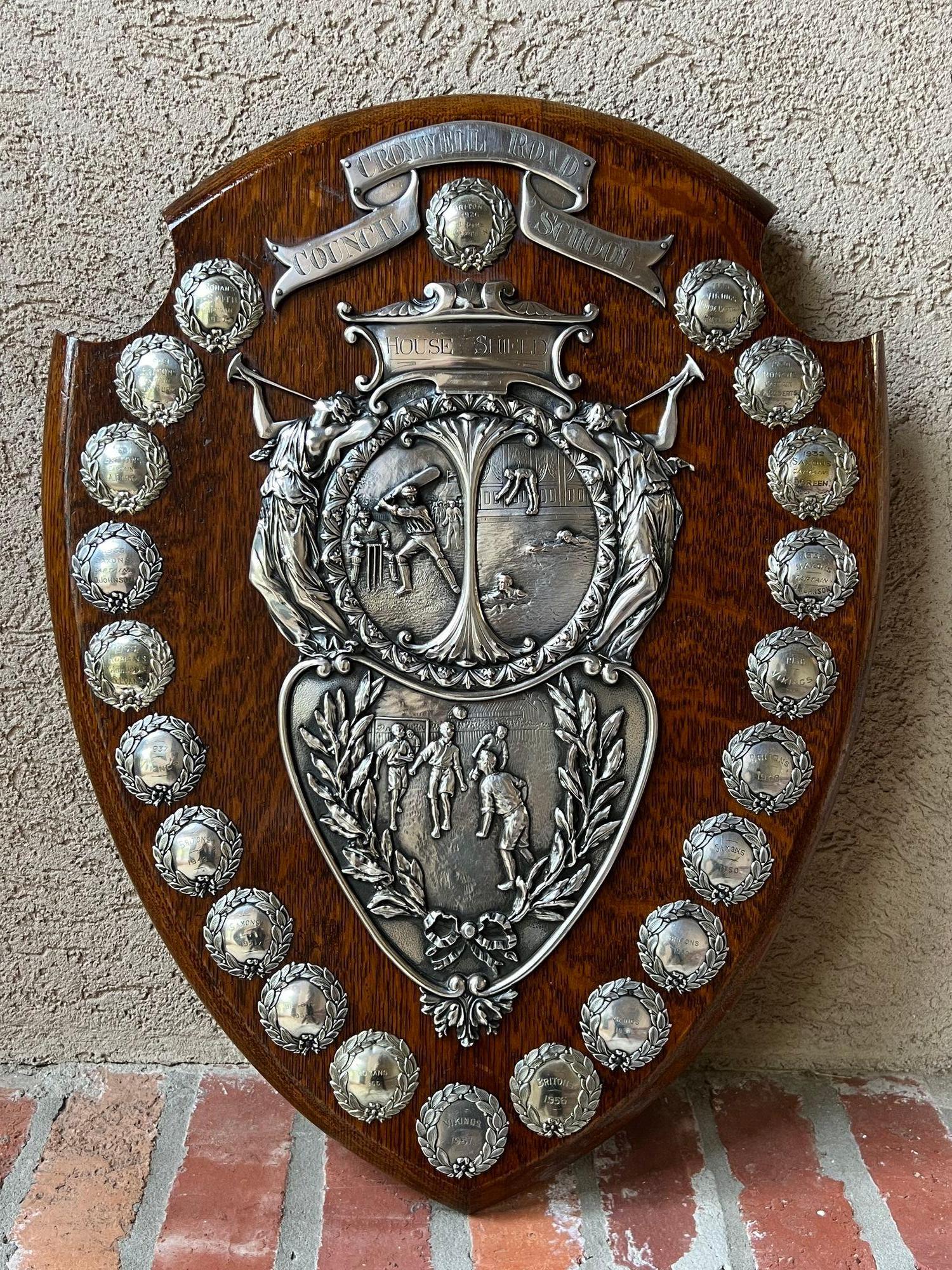 Antique English Trophy Baseball Soccer Swimming Award Plaque Silver Plate c1926.
Direct from England, just arrived in our most recent container, we have several of these one-of-a-kind English trophies that are brimming with provenance, and oh “the