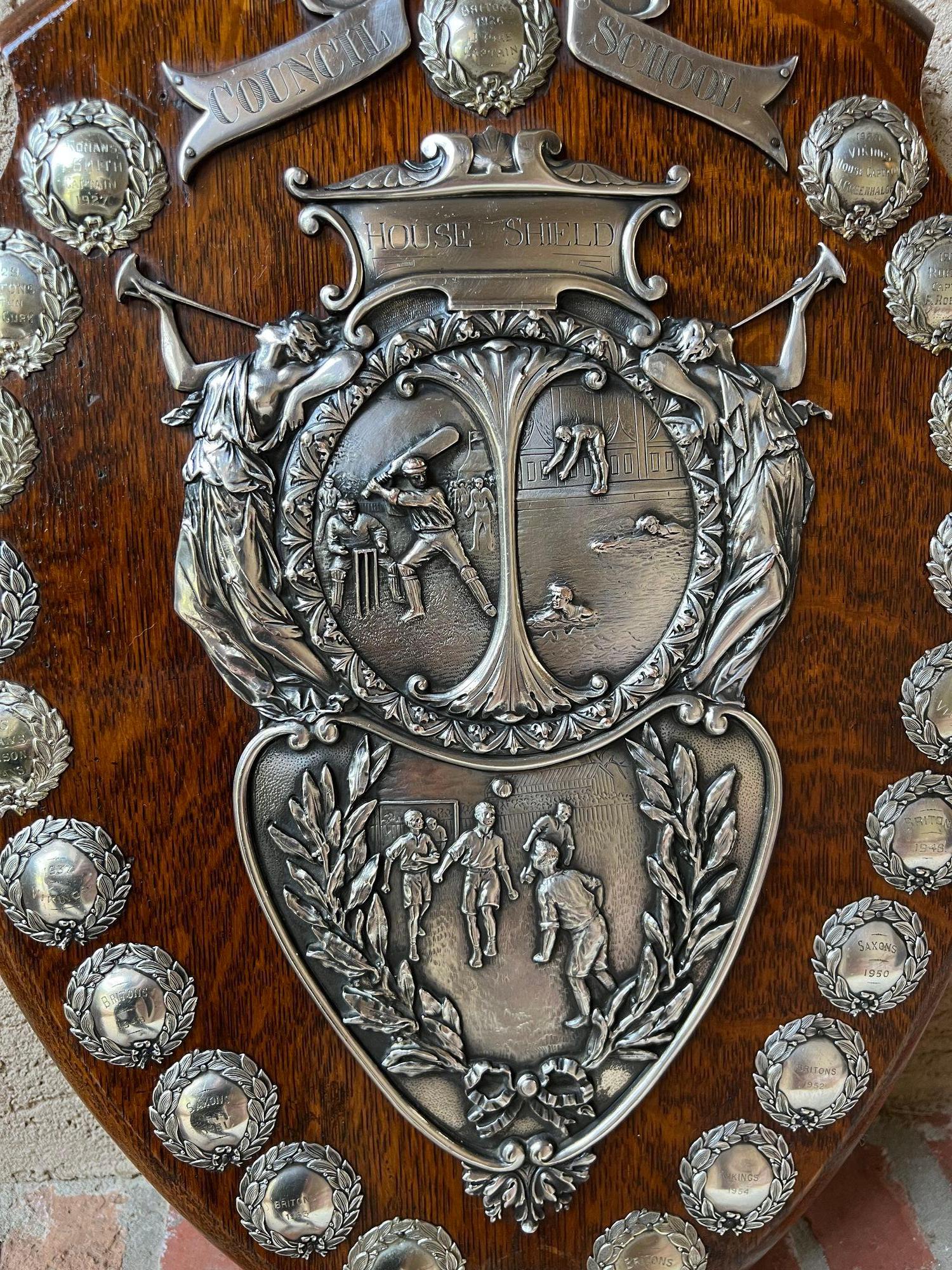 British Antique English Trophy Baseball Soccer Swimming Award Plaque Repousse c1926 For Sale