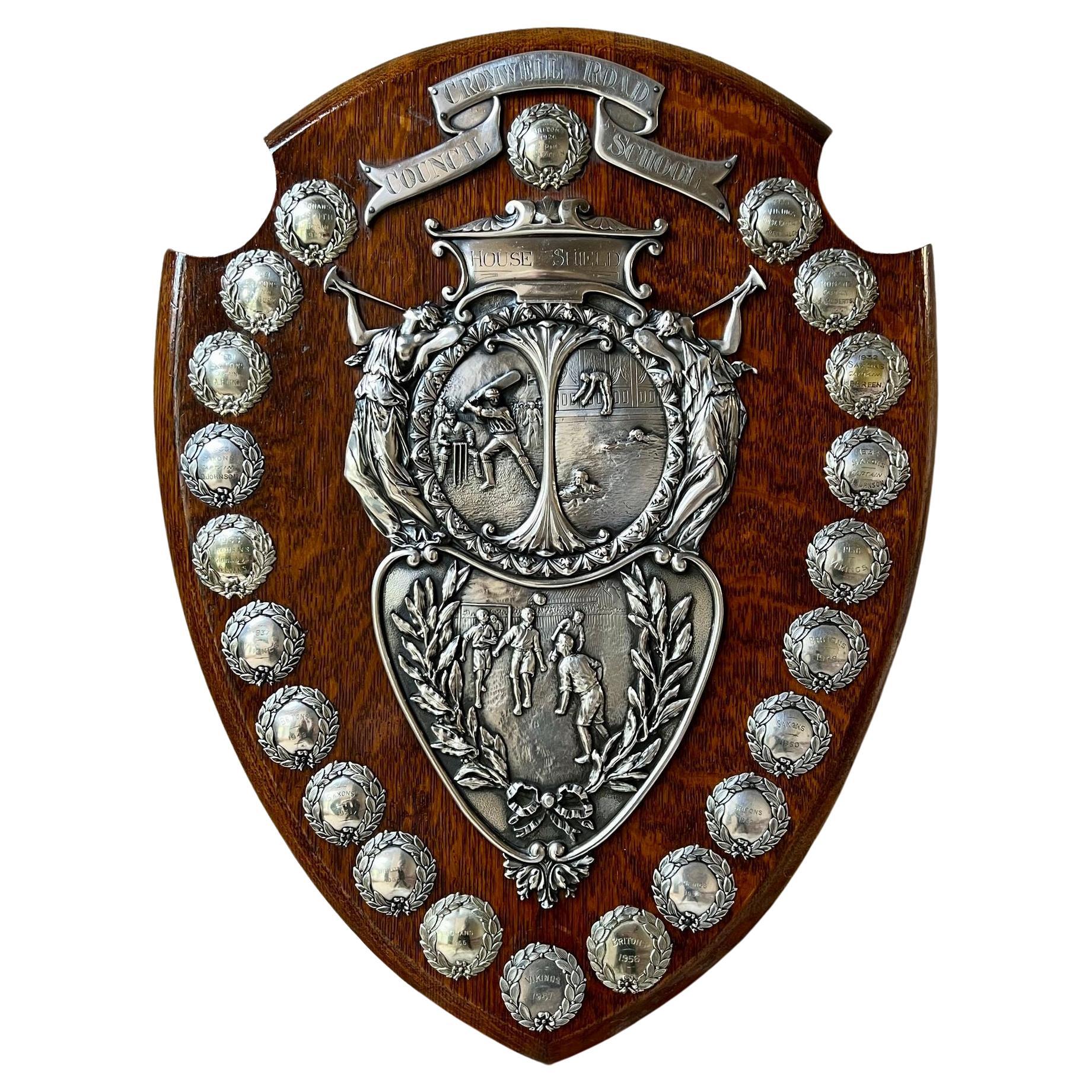 Antique English Trophy Baseball Soccer Swimming Award Plaque Repousse c1926 For Sale