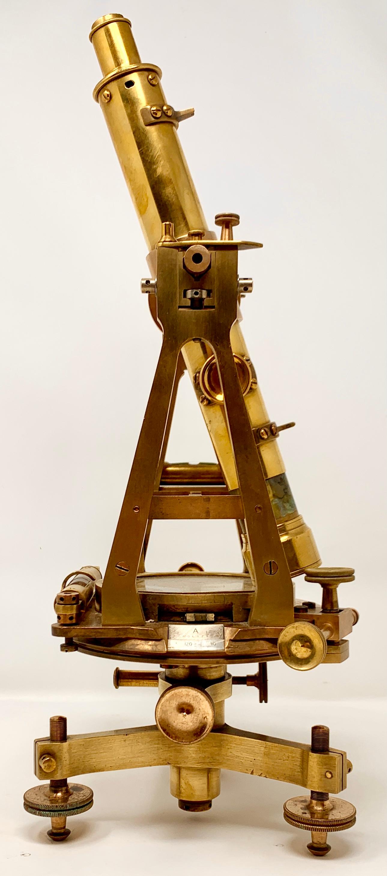 Antique English brass surveyor's transit theodolite made by Troughton & Simms of London, England and made For the jeweler, watchmaker & silversmith, John Pardy of Durban, South Africa, Circa 1890.