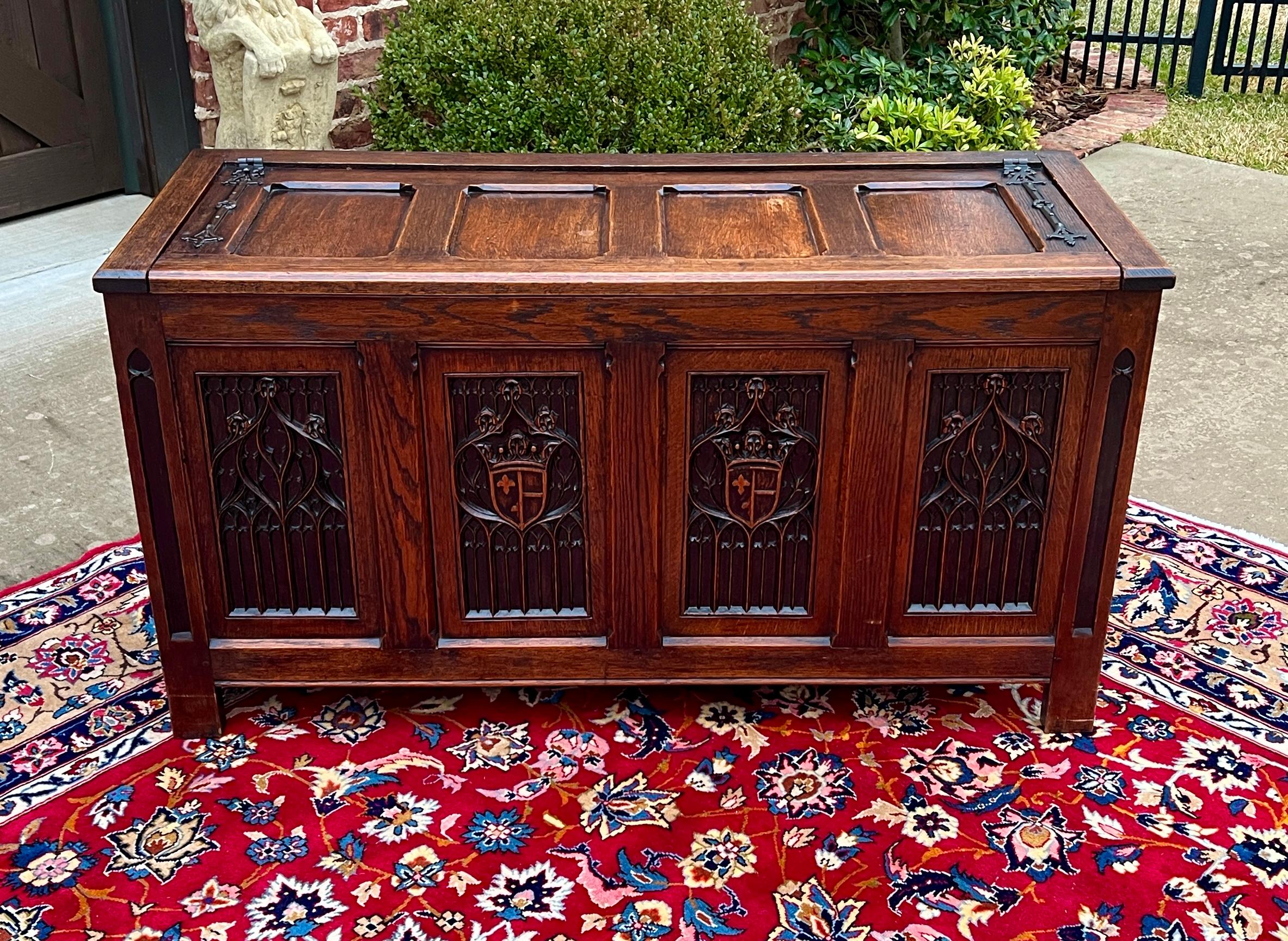 Gothic Revival Antique English Trunk Chest Blanket Box Storage Coffer Oak Shield c. 1900-1920 For Sale