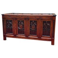 Antique English Trunk Chest Blanket Box Storage Coffer Oak Shield c. 1900-1920