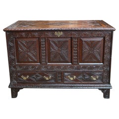 Antique English Trunk Coffer Blanket Chest Carved Oak Foyer Table Wedding c1820