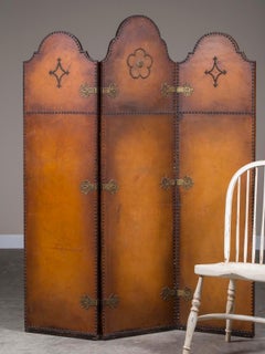 Antique English Tudor Rose Leather Studded Folding Screen, circa 1875