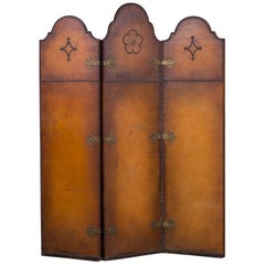Antique English Tudor Rose Leather Studded Folding Screen, circa 1875