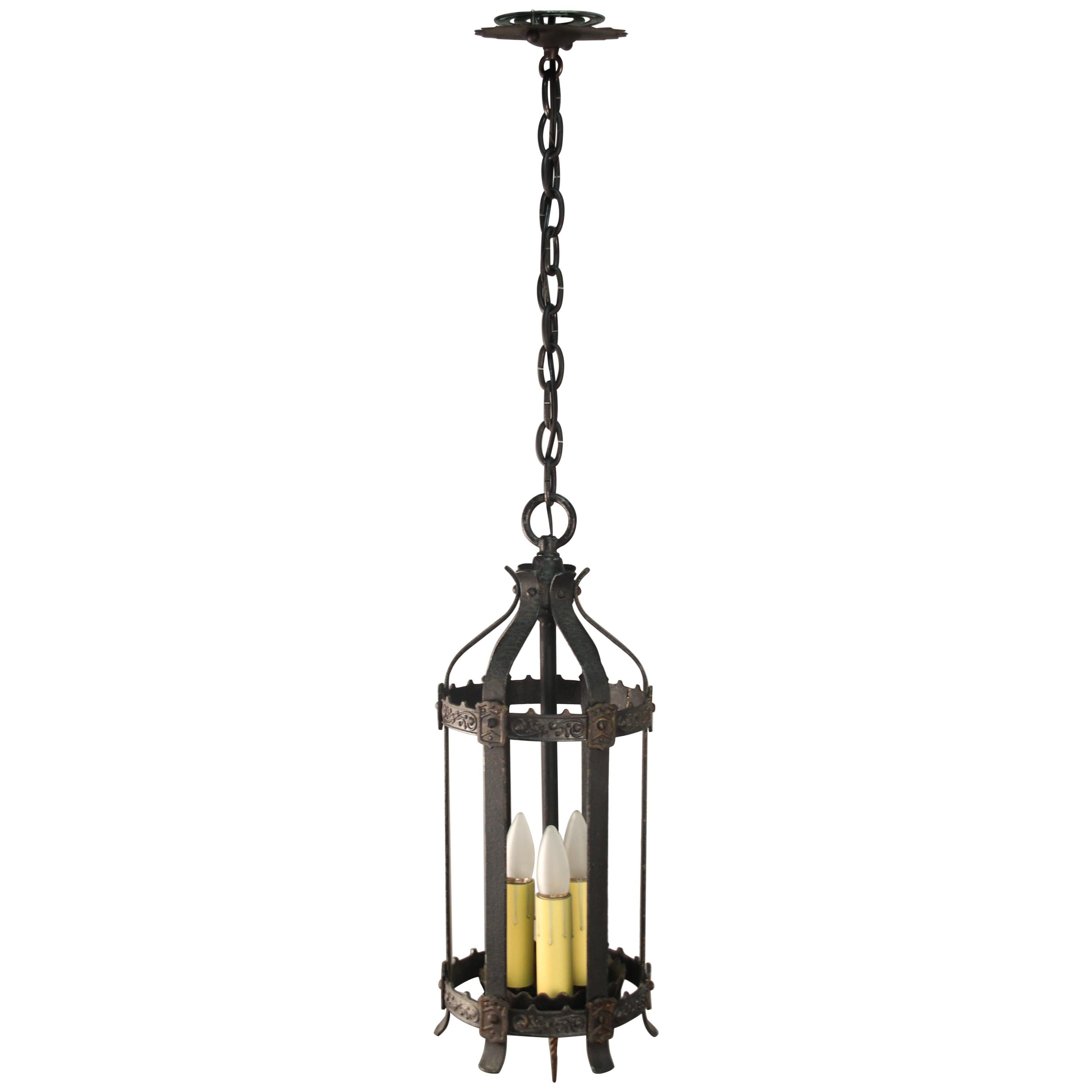 Antique English Tudor Spanish Revival Pendant With Three Lights Antique English Tudor Spanish Revival Pendant With Three Lights