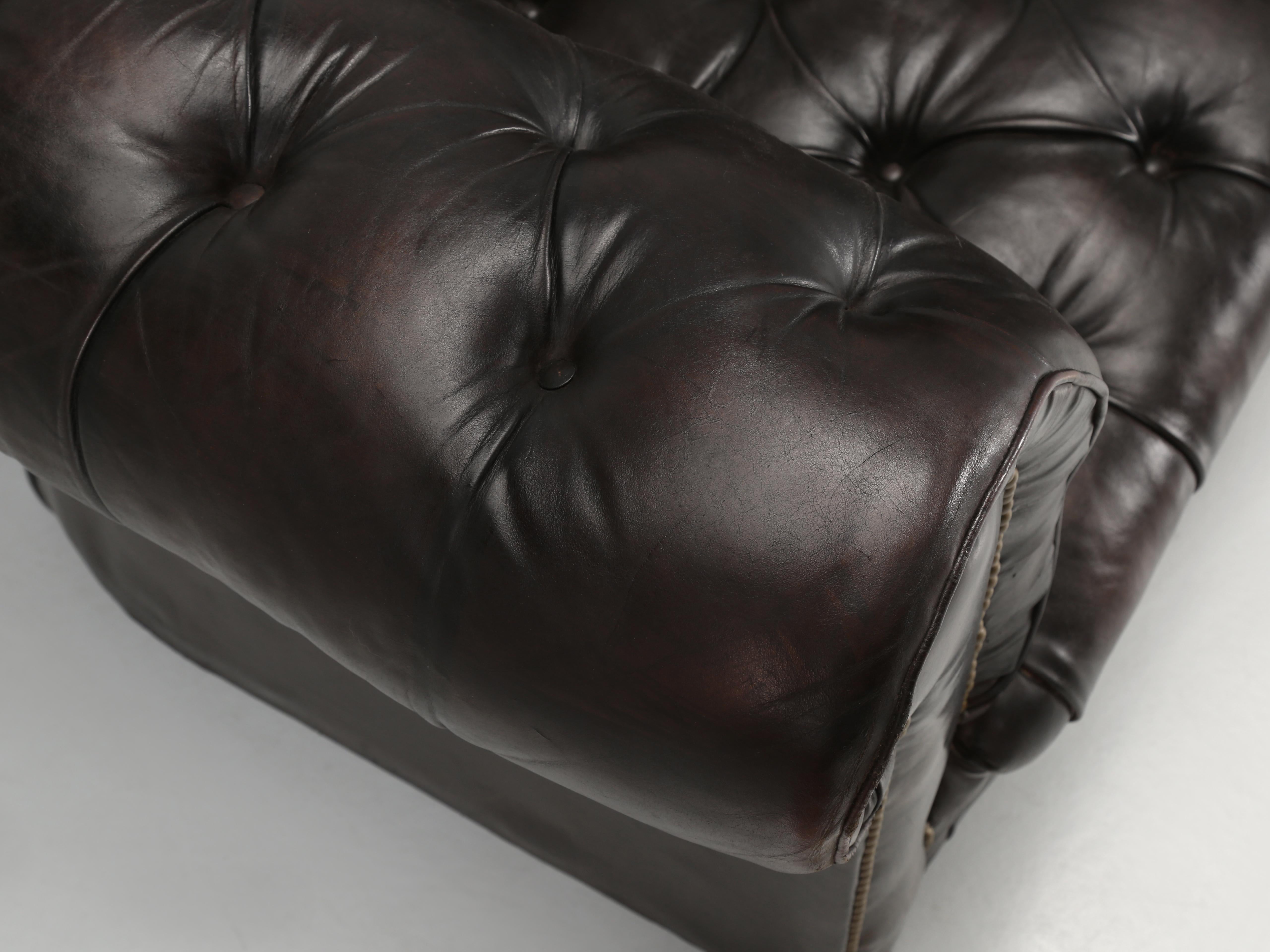 Mid-20th Century Antique English Tufted Original Leather Chesterfield Sofa Thoroughly Restored For Sale