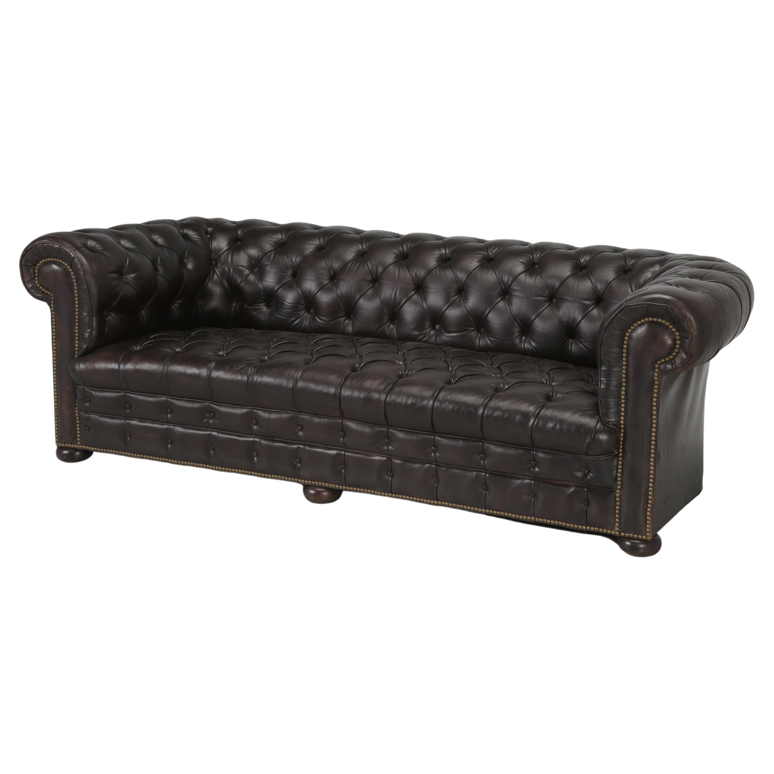 Antique English Tufted Original Leather Chesterfield Sofa Thoroughly Restored For Sale