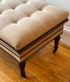 Antique English Tufted Storage Bench on Fluted Legs with Casters
