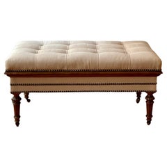 Antique English Tufted Storage Bench on Fluted Legs with Casters