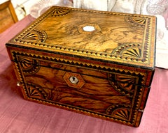 Antique English Tunbridge Inlaid Walnut Rare Triple fold Jewelry Box Lap Desk