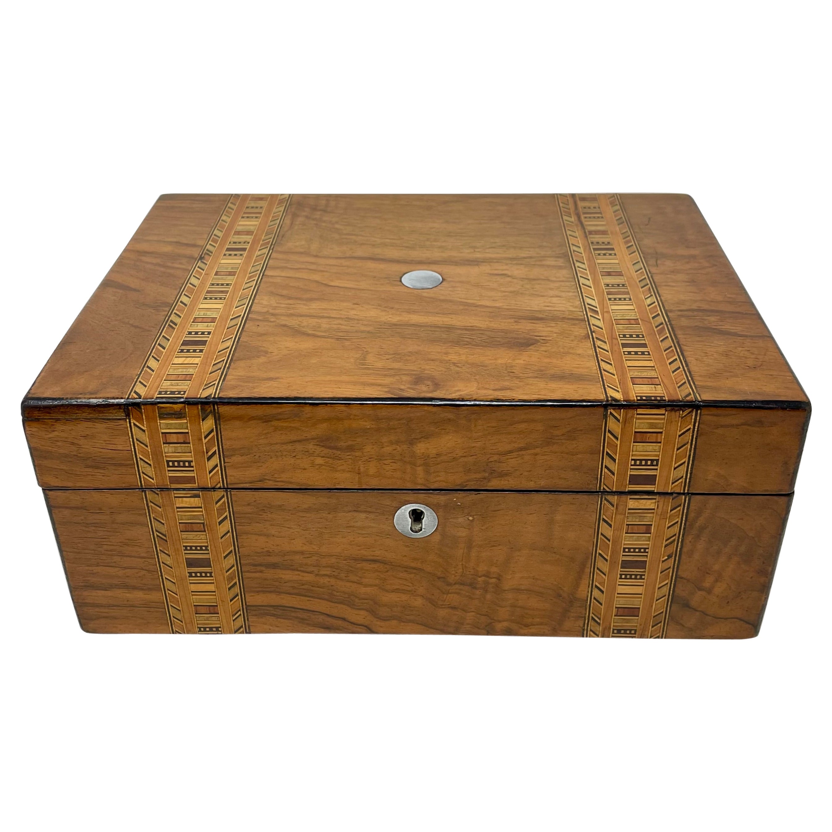 Antique English Tunbridge Marquetry Inlaid Oak Box, Circa 1900.