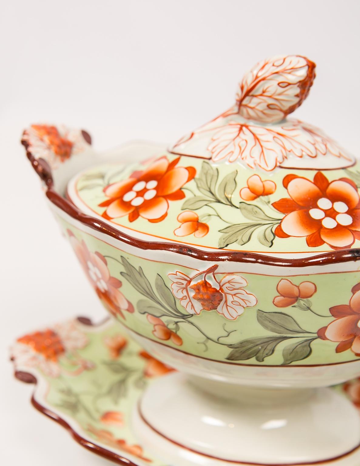 Victorian Antique Tureen Painted in Soft Green with Orange Blossoms & Berries England 1830