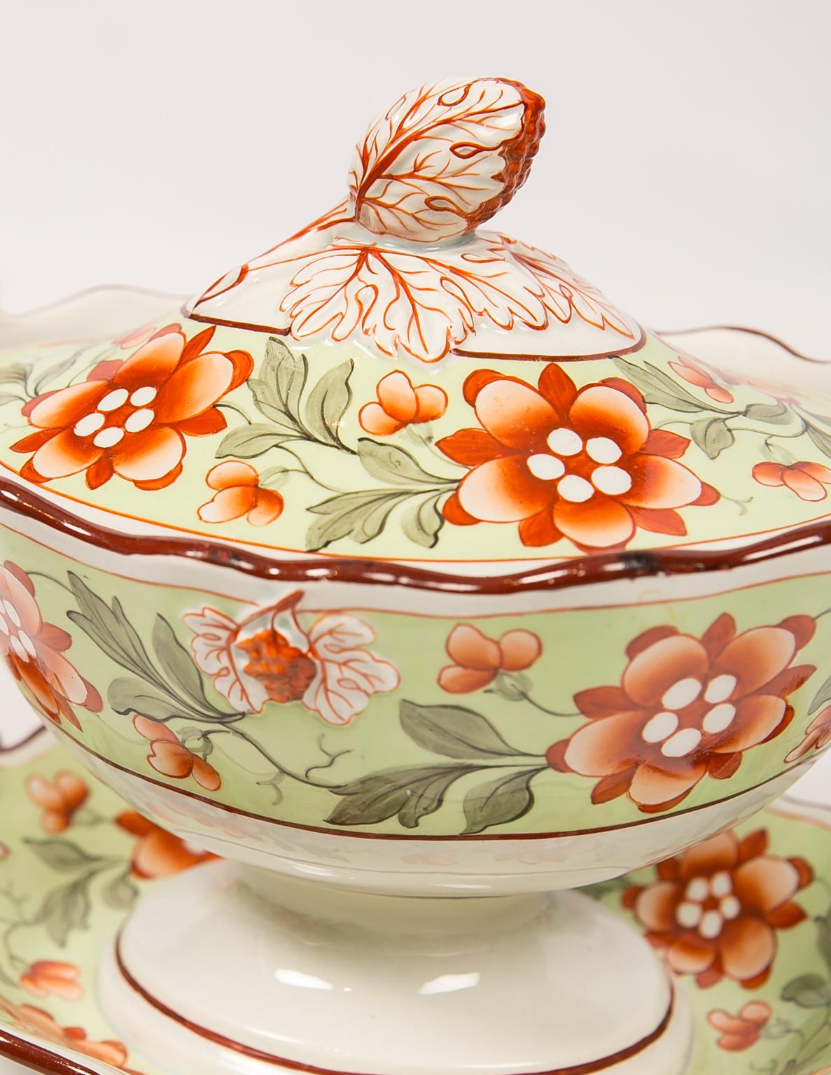 English Antique Tureen Painted in Soft Green with Orange Blossoms & Berries England 1830