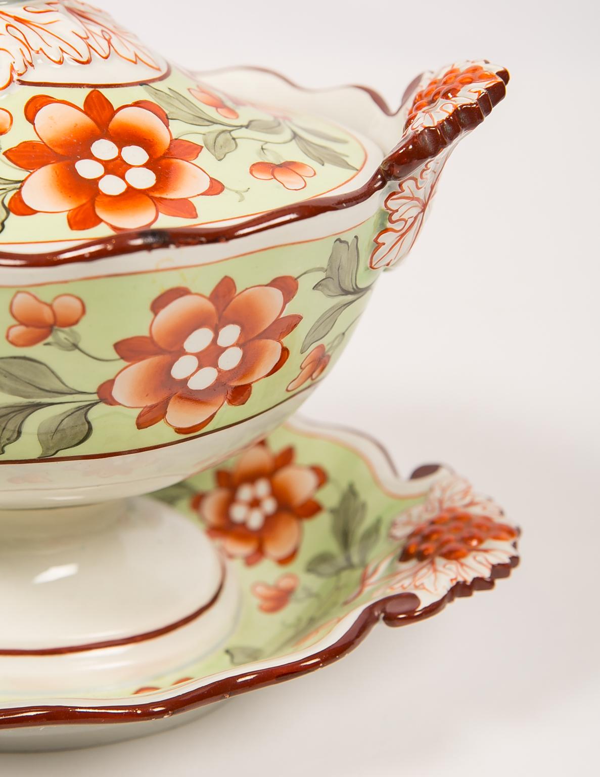 Hand-Painted Antique Tureen Painted in Soft Green with Orange Blossoms & Berries England 1830