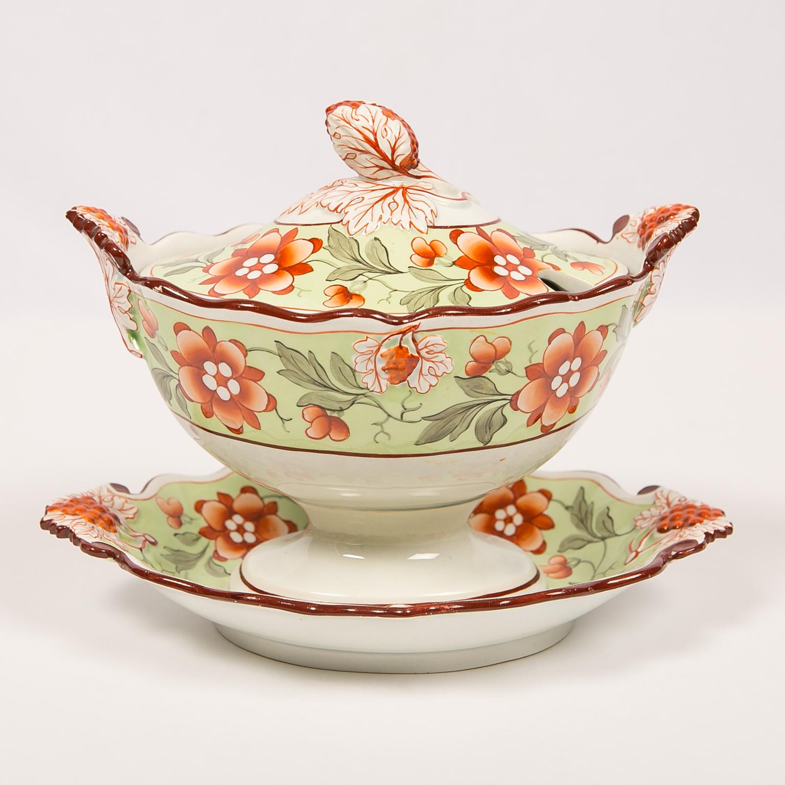 Antique Tureen Painted in Soft Green with Orange Blossoms & Berries England 1830 In Excellent Condition In Katonah, NY