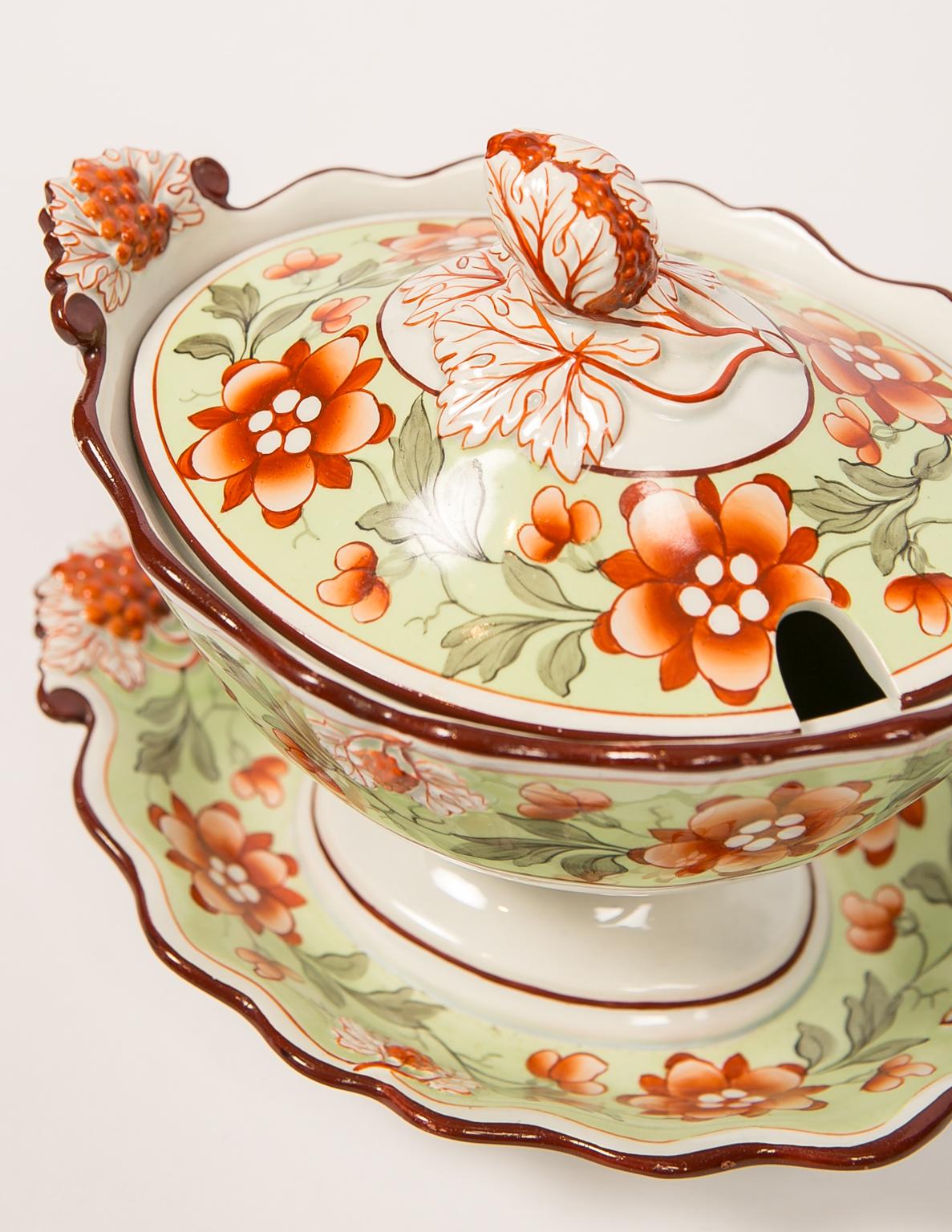 19th Century Antique Tureen Painted in Soft Green with Orange Blossoms & Berries England 1830
