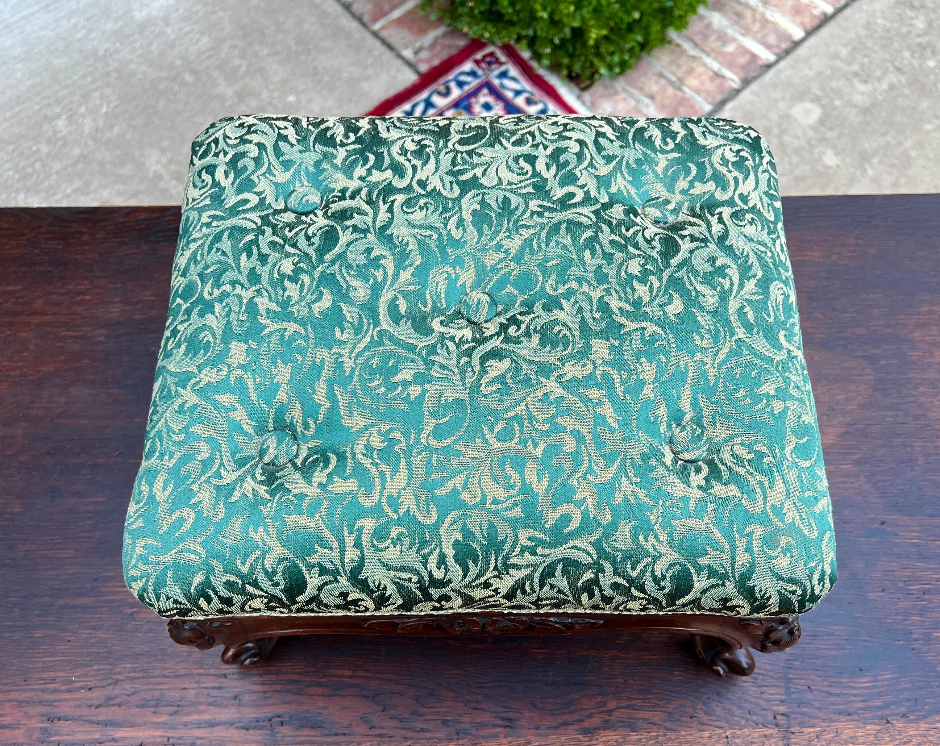 Carved Antique English Upholstered Footstool Bench Stool Rosewood c. 1920s-30s
