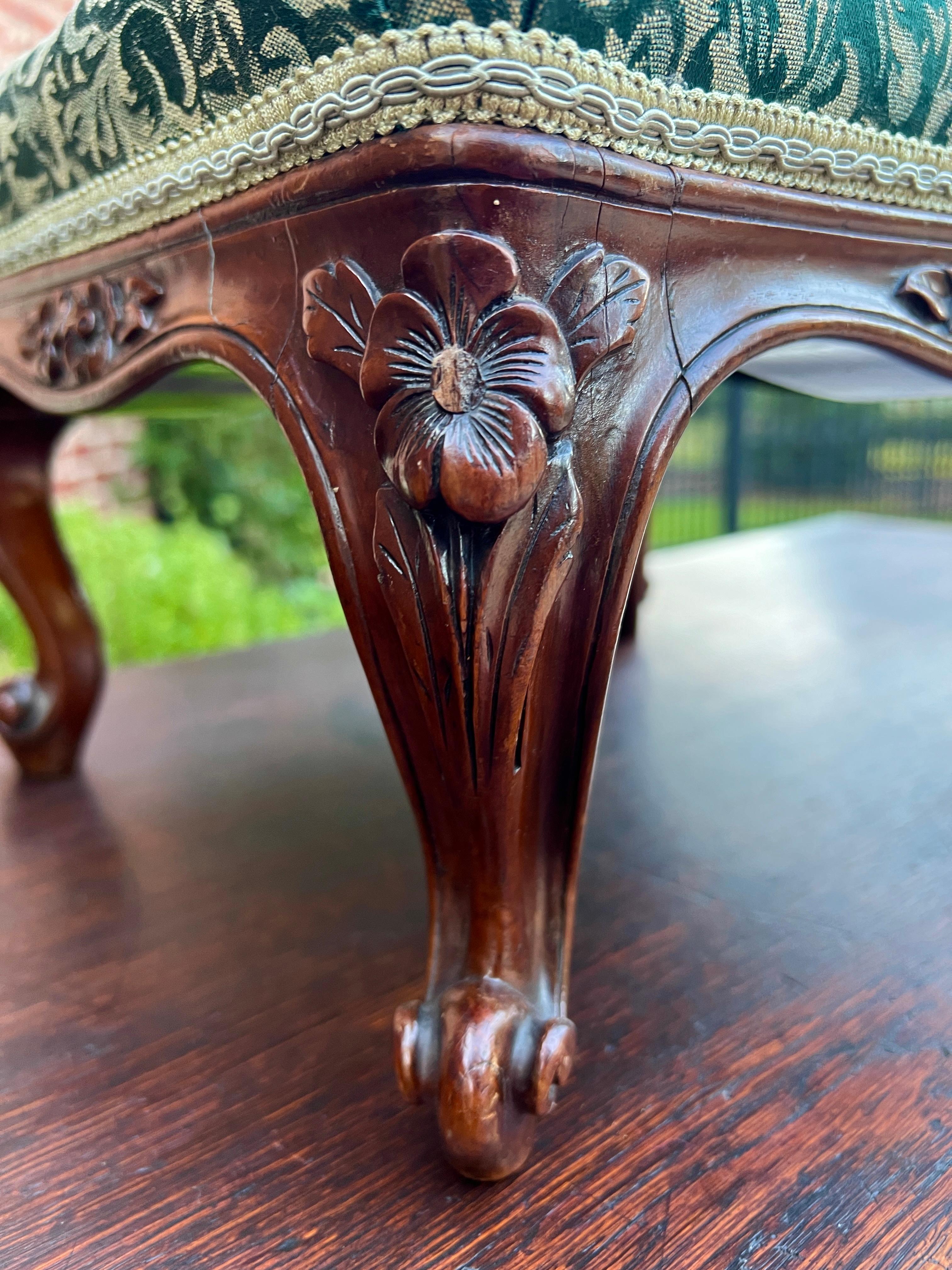 Antique English Upholstered Footstool Bench Stool Rosewood c. 1920s-30s In Good Condition In Tyler, TX