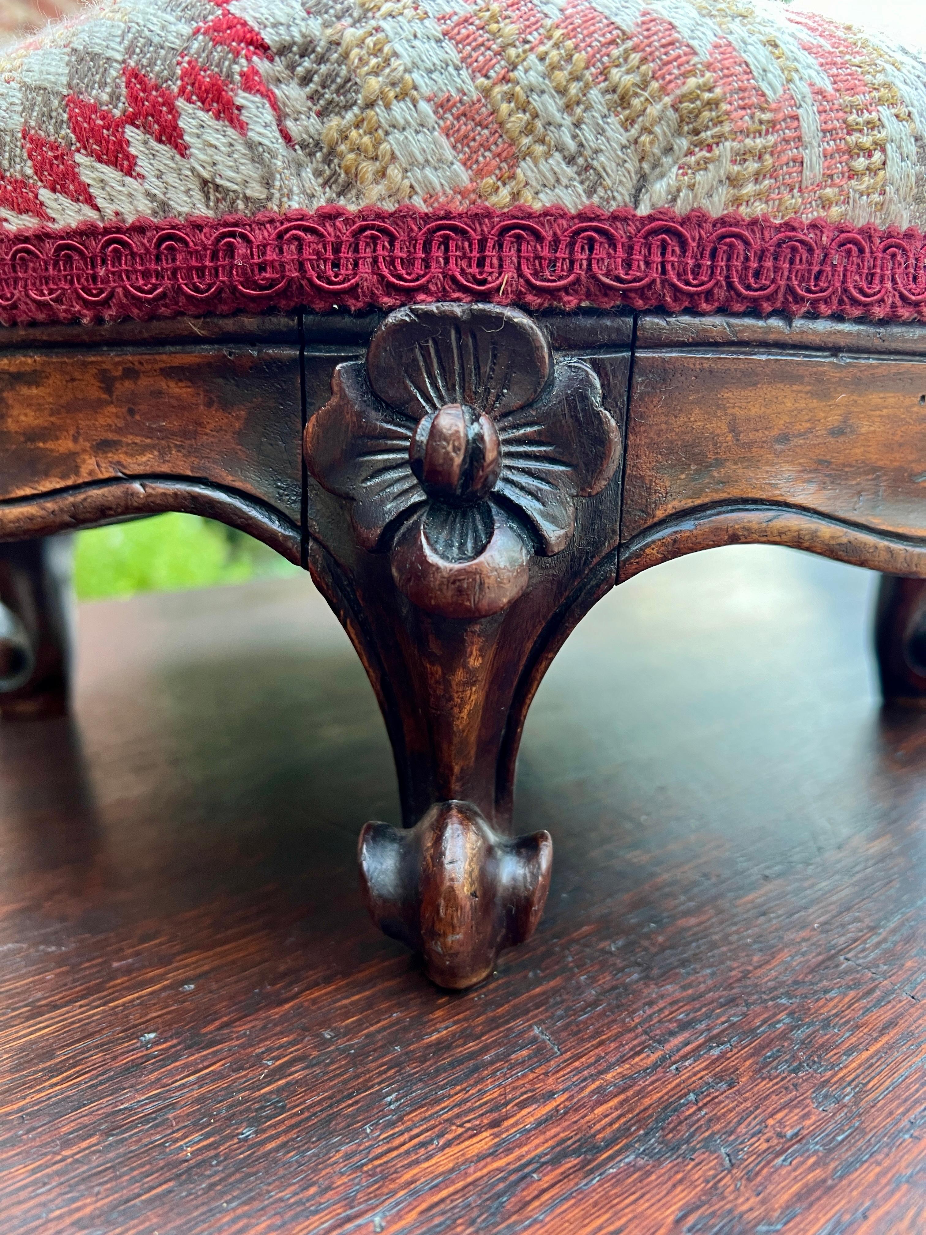 Antique English Upholstered Footstool Bench Stool Round Walnut c. 1920s-30s 3