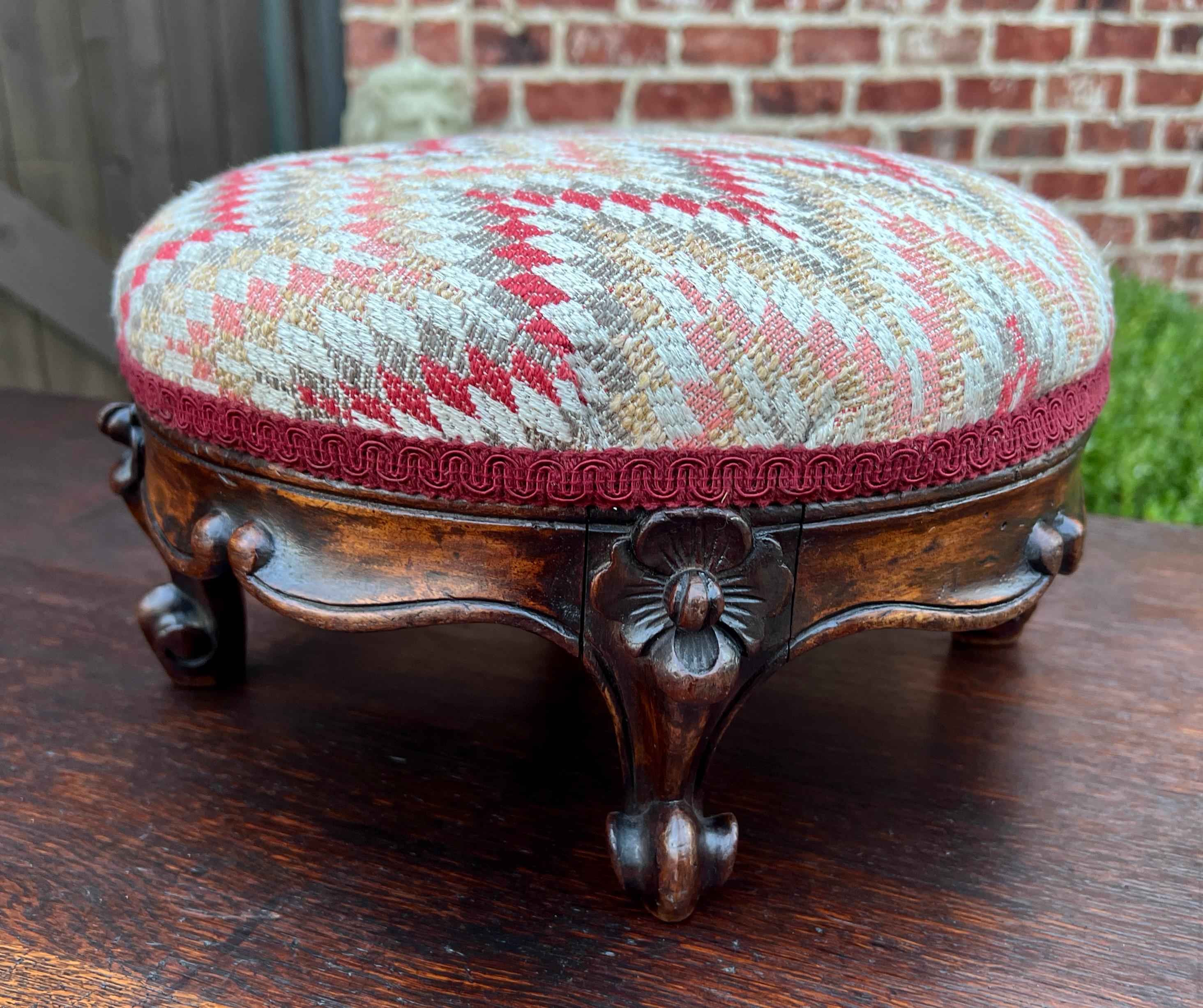 Antique English Upholstered Footstool Bench Stool Round Walnut c. 1920s-30s 6