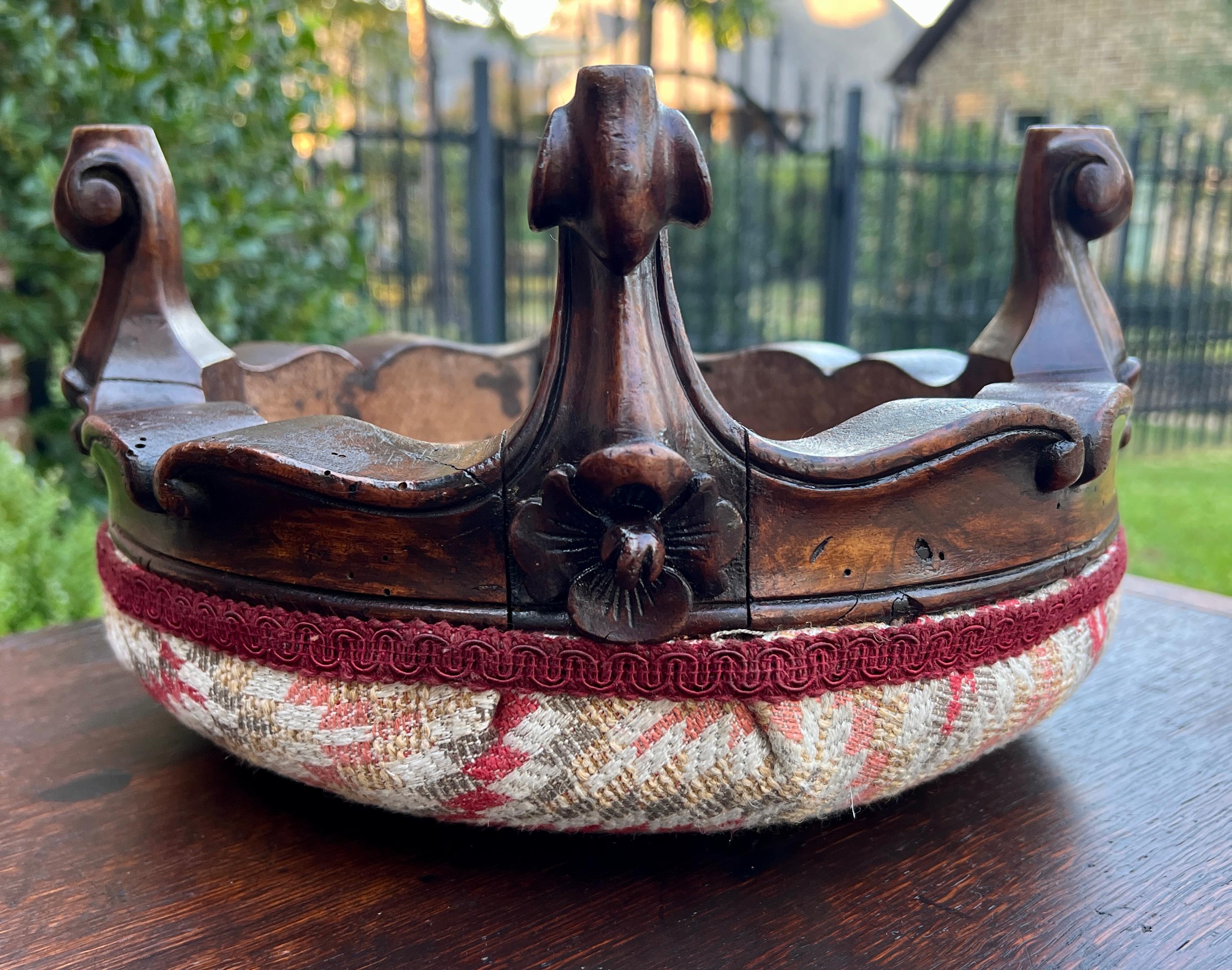 Antique English Upholstered Footstool Bench Stool Round Walnut c. 1920s-30s 12