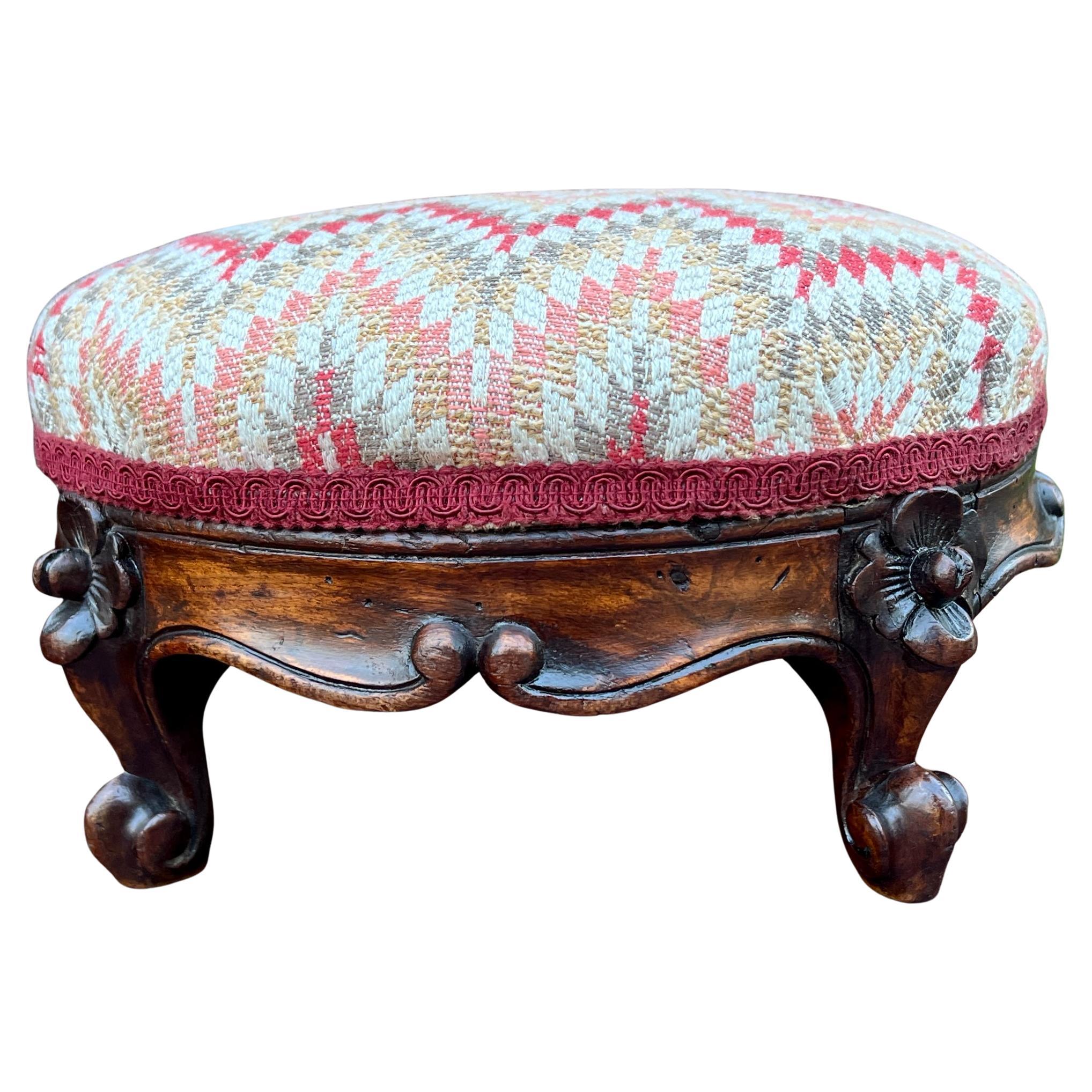 CHARMING Antique English Upholstered Round Walnut Small Footstool

~~Classic British flair decorator piece~~

7