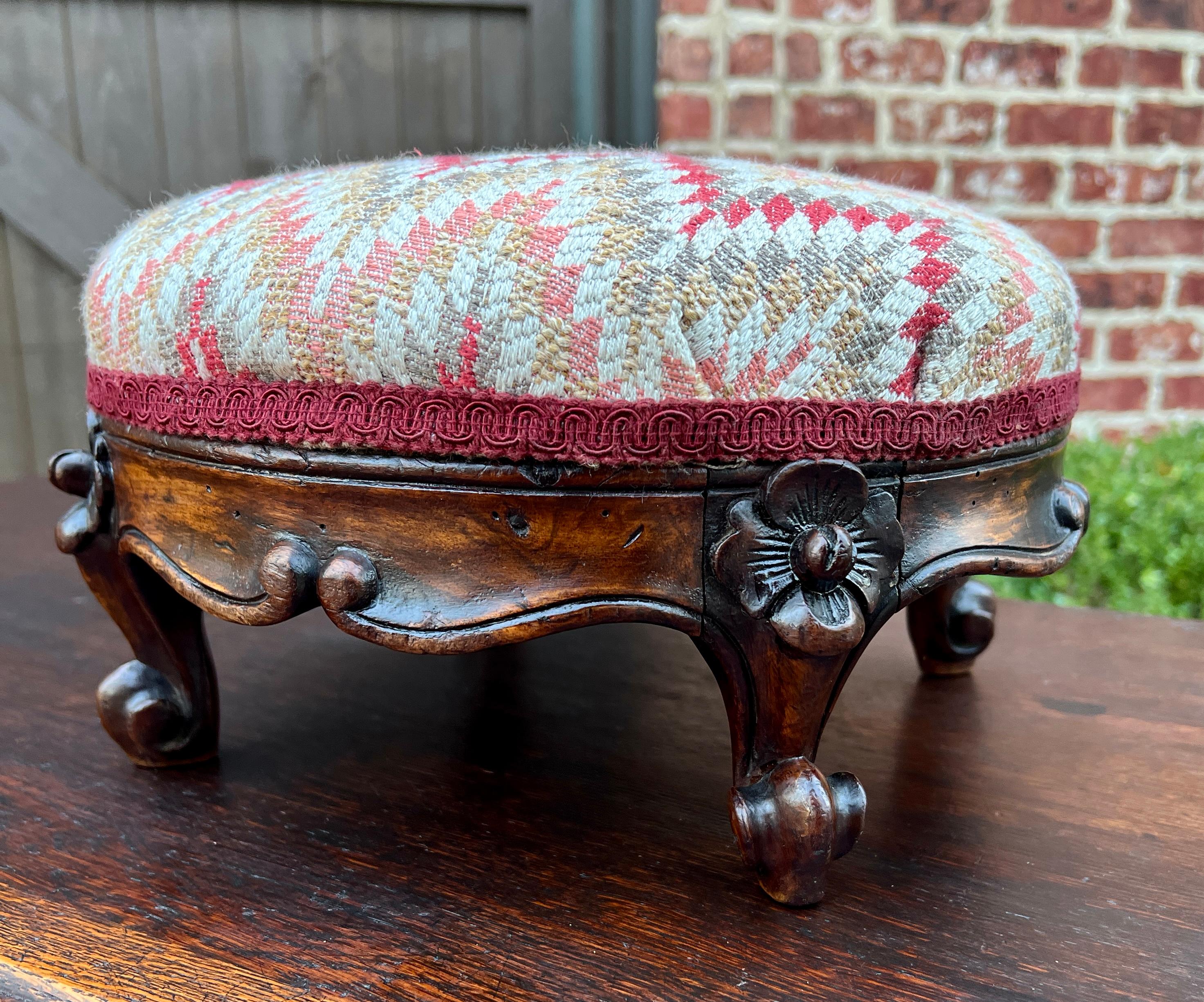 Arts and Crafts Antique English Upholstered Footstool Bench Stool Round Walnut c. 1920s-30s