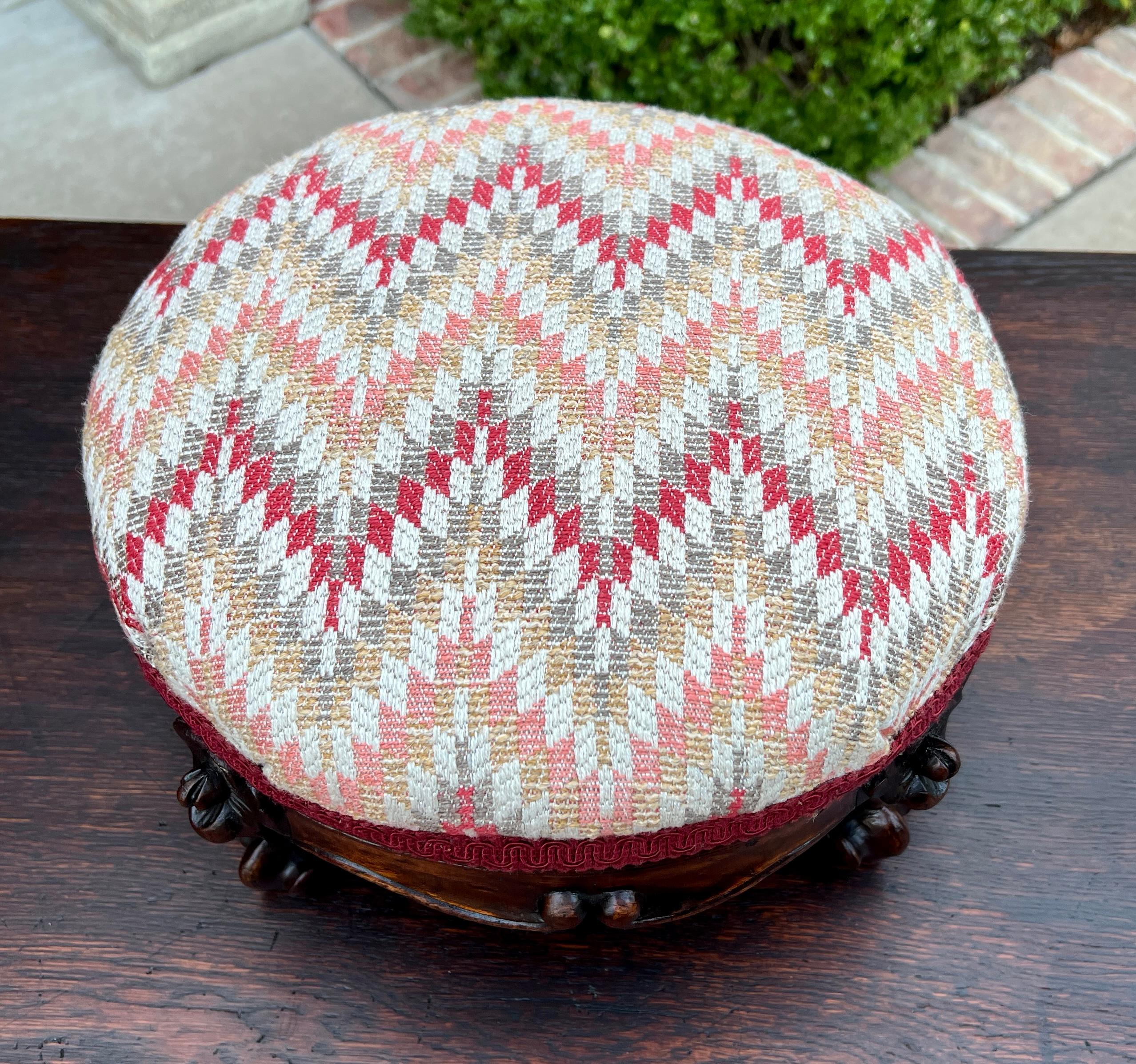 Carved Antique English Upholstered Footstool Bench Stool Round Walnut c. 1920s-30s