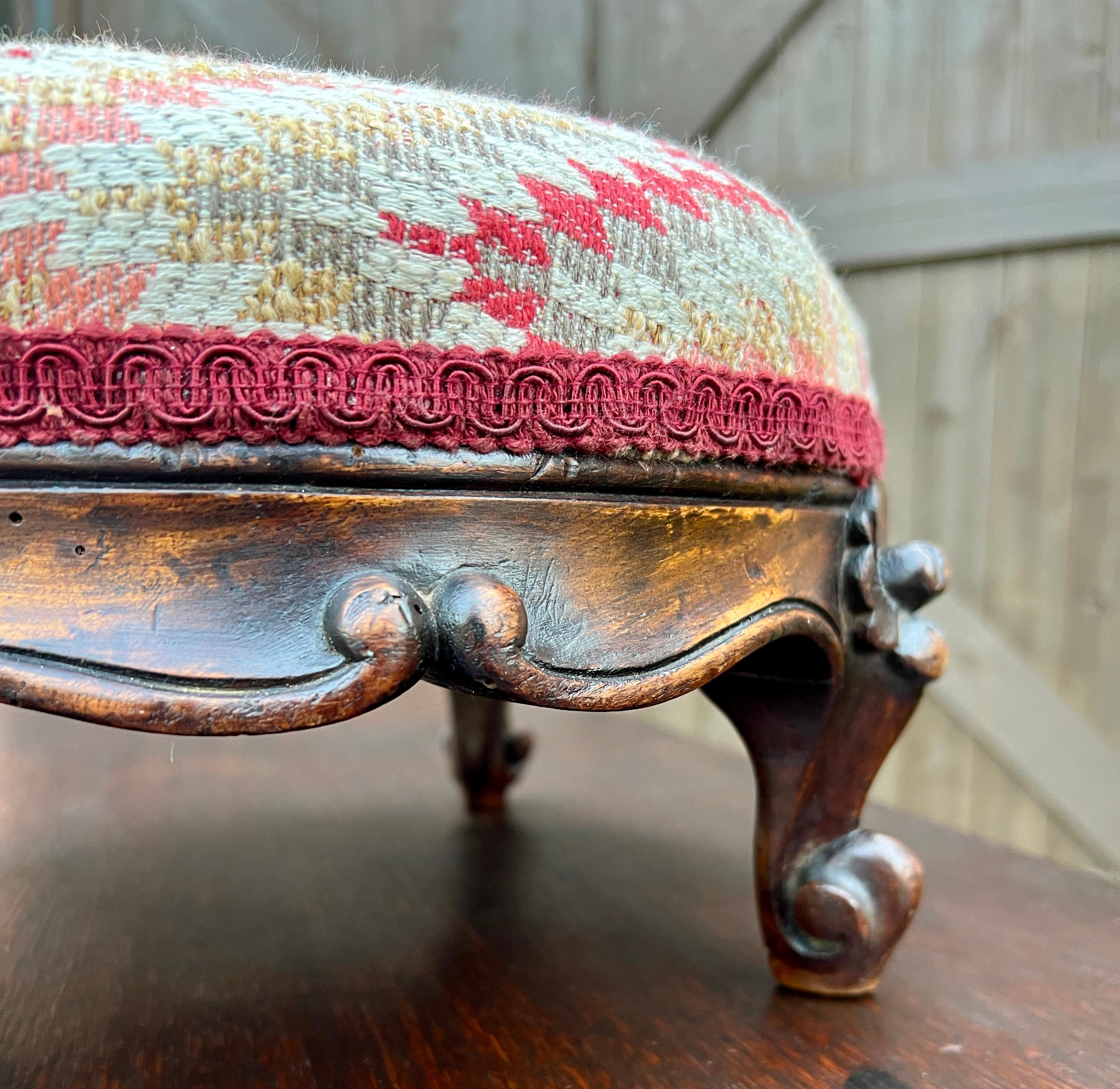 Early 20th Century Antique English Upholstered Footstool Bench Stool Round Walnut c. 1920s-30s