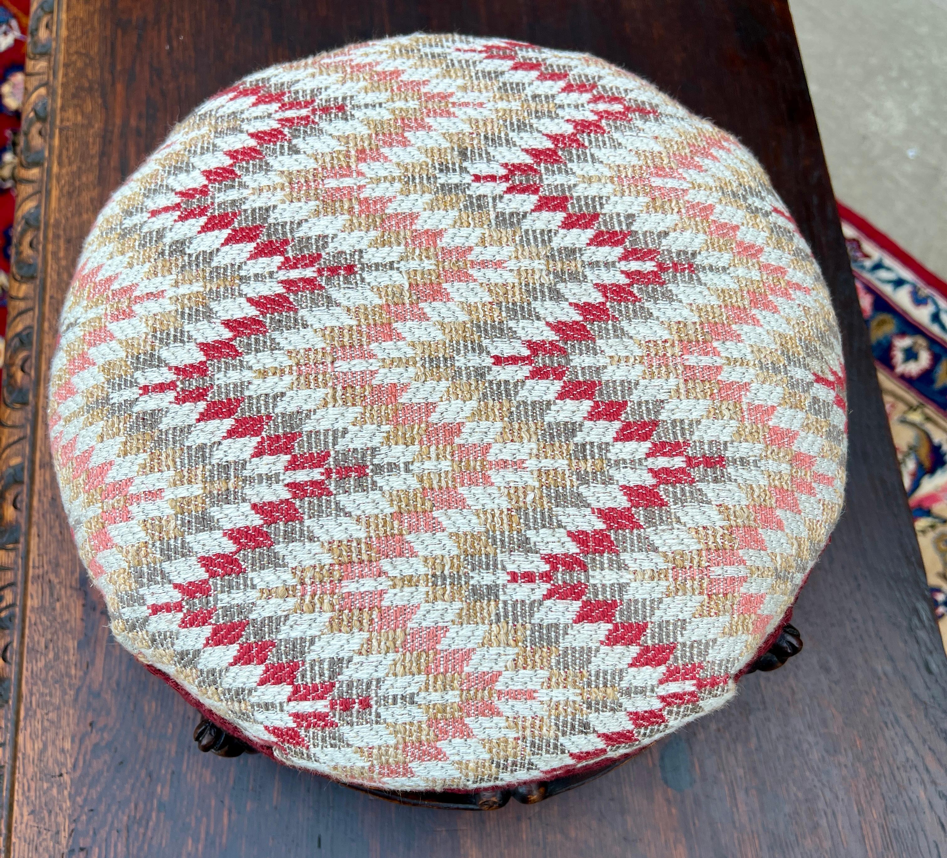 Upholstery Antique English Upholstered Footstool Bench Stool Round Walnut c. 1920s-30s